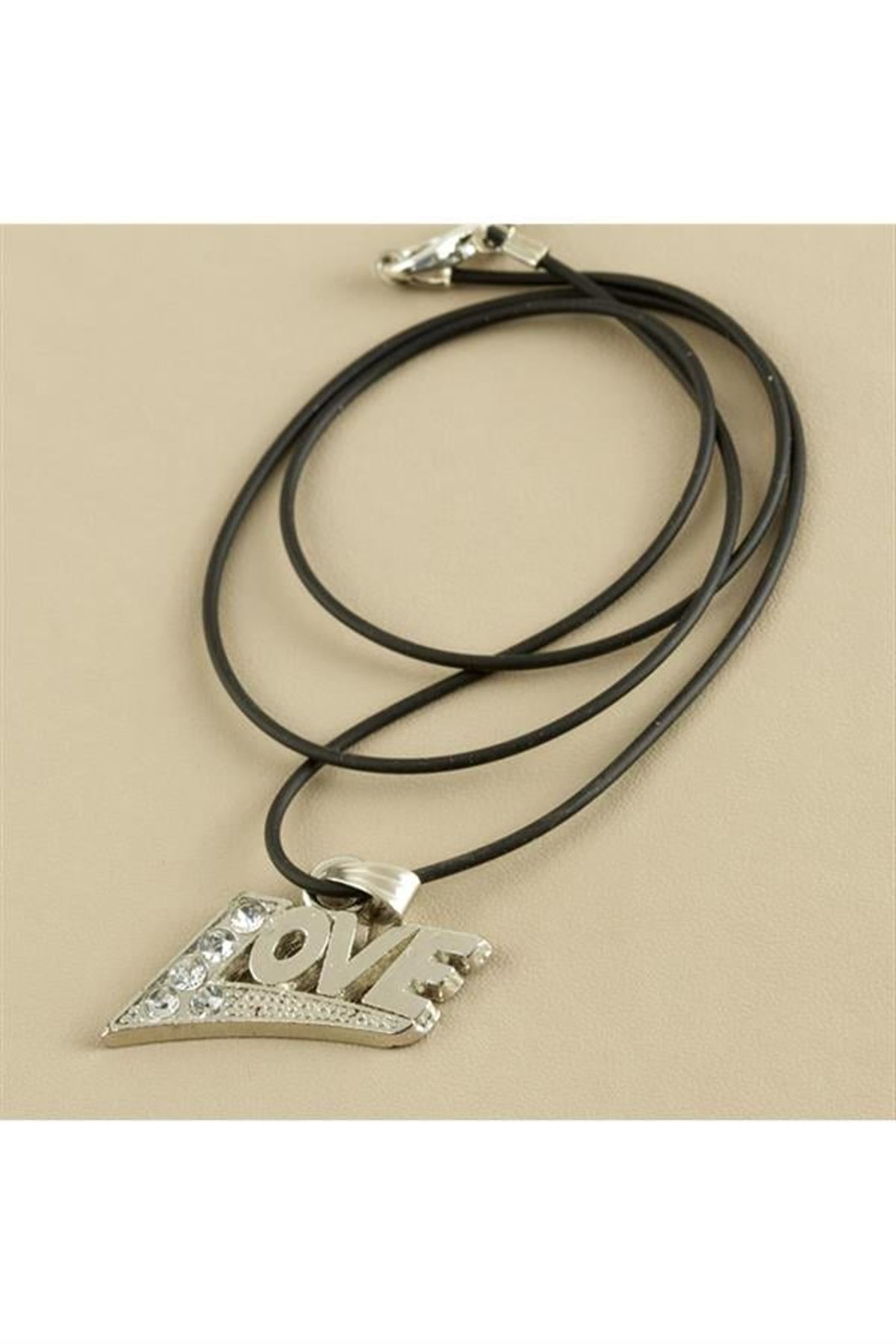 Love Yazılı Metal Vinlex Deri Kolye - Gümüş Rengi