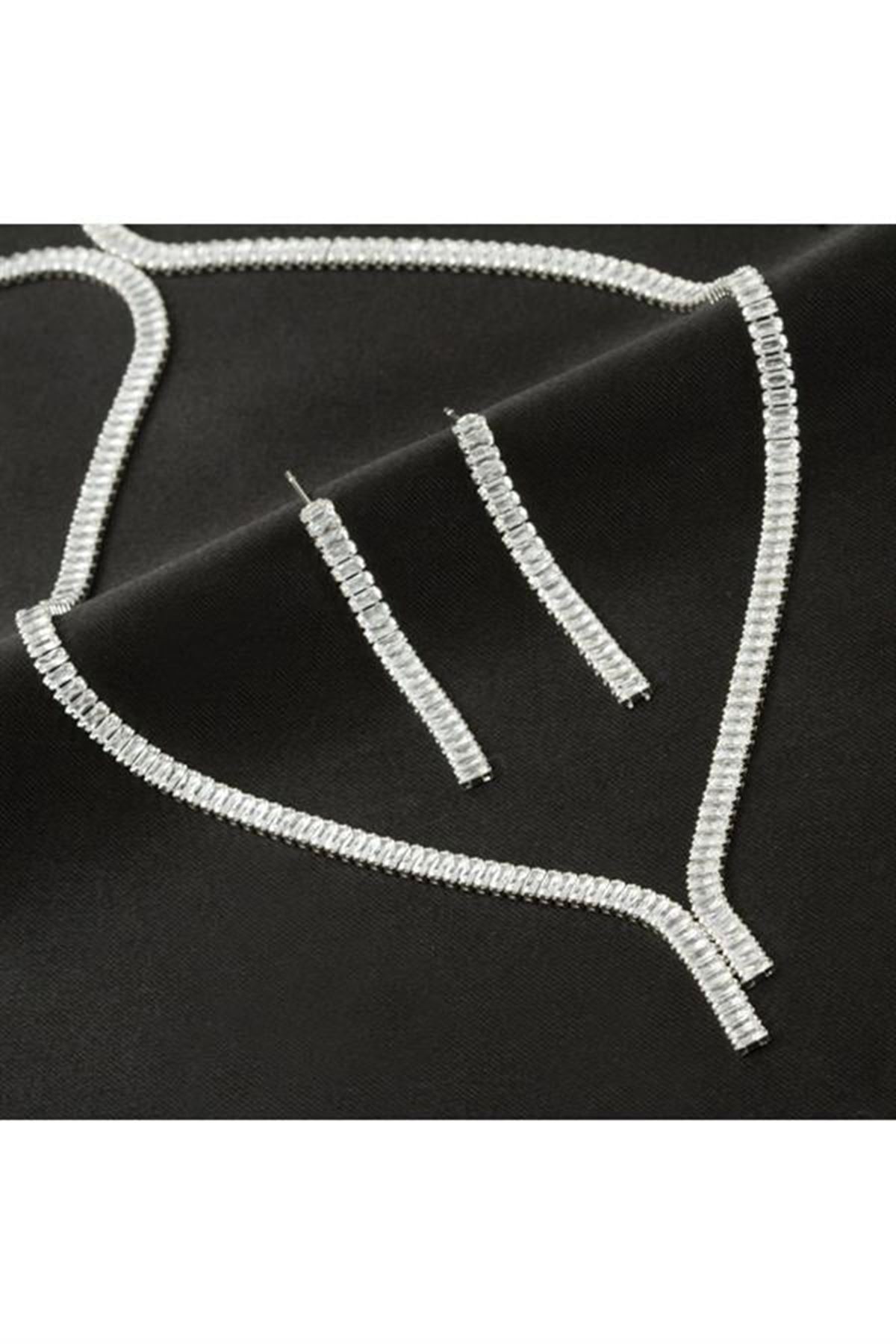 Tamtur Baget Taşlı Lüks Set Kolye 4 mm - Gümüş Rengi
