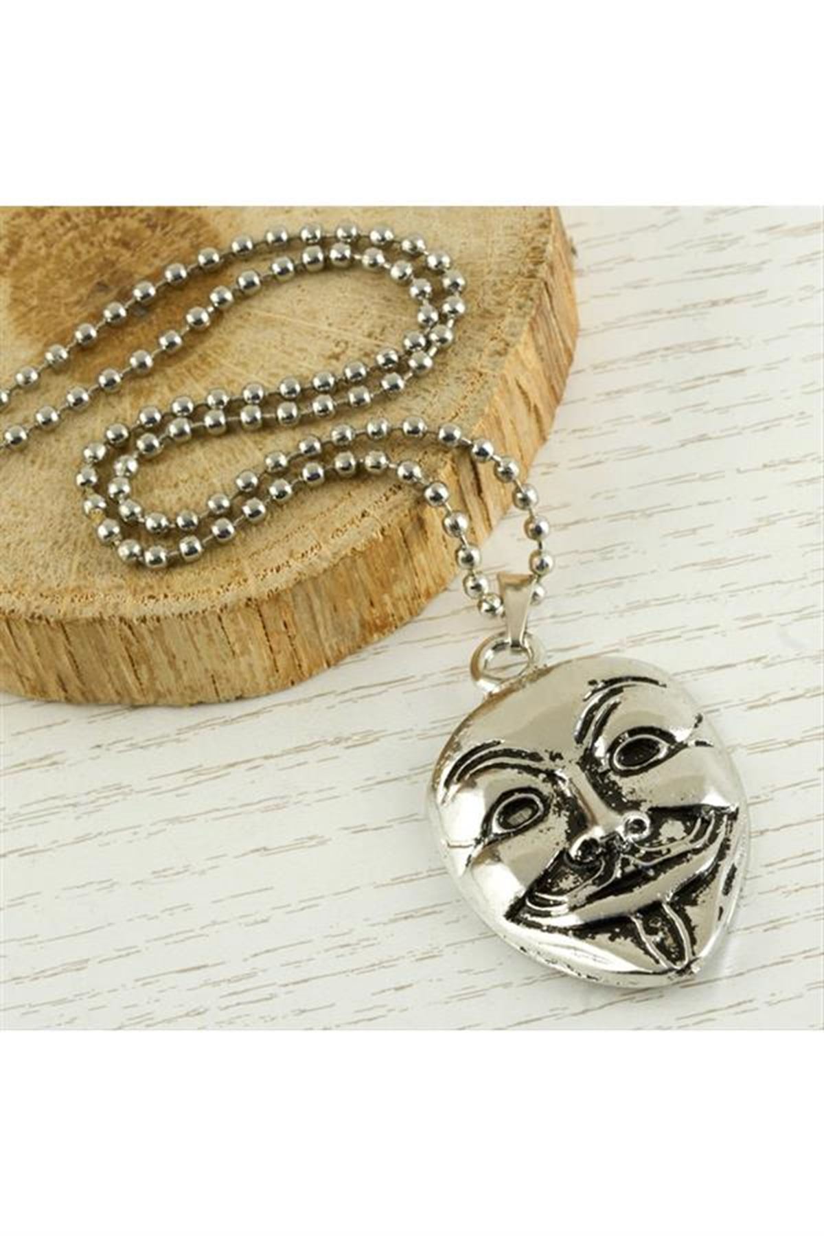 Maske Metal Kolye - Gümüş Rengi