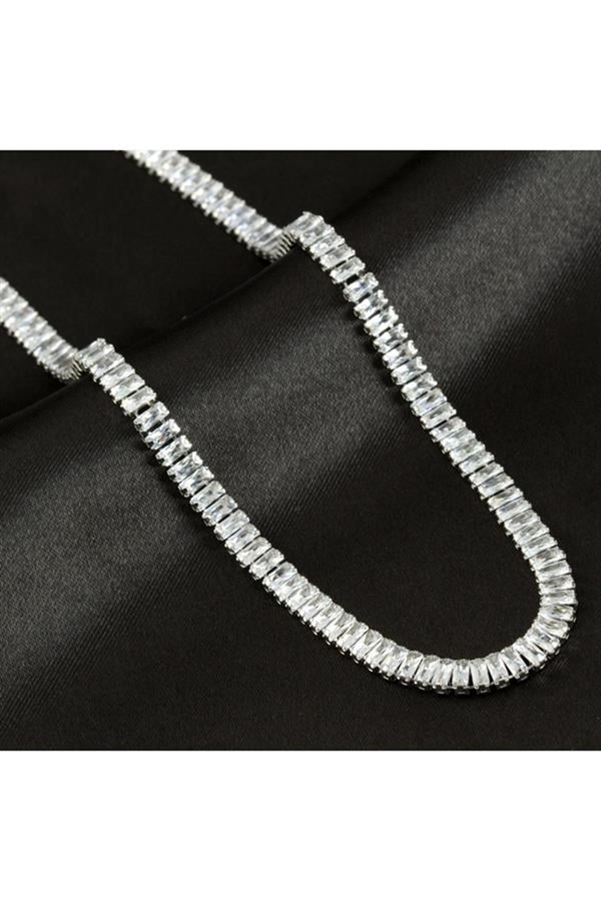 4 mm Baget Taşlı Zirkon Lüks Çelik Kolye - Sarı