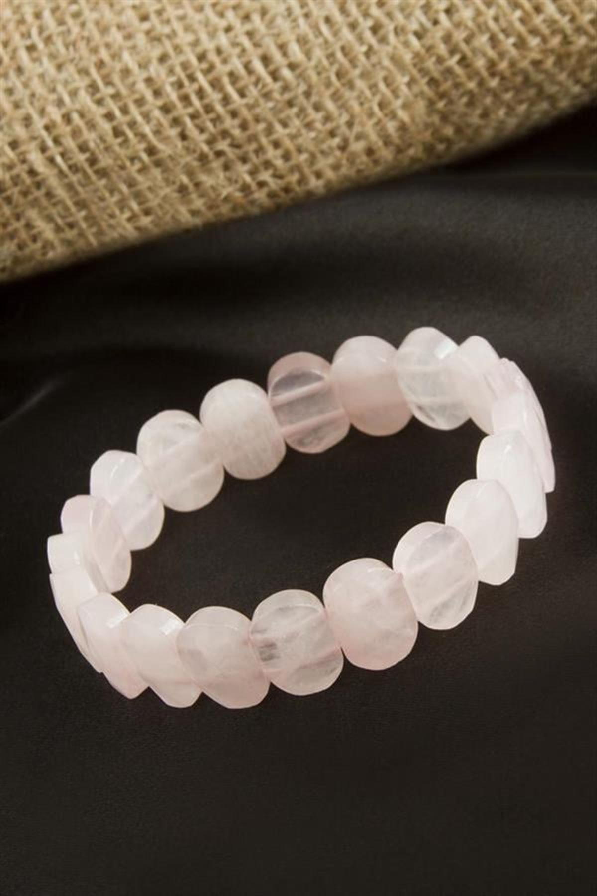 Oval Kesim Orjinal Pembe Kuvars Doğaltaşlı Bileklik - Pembe