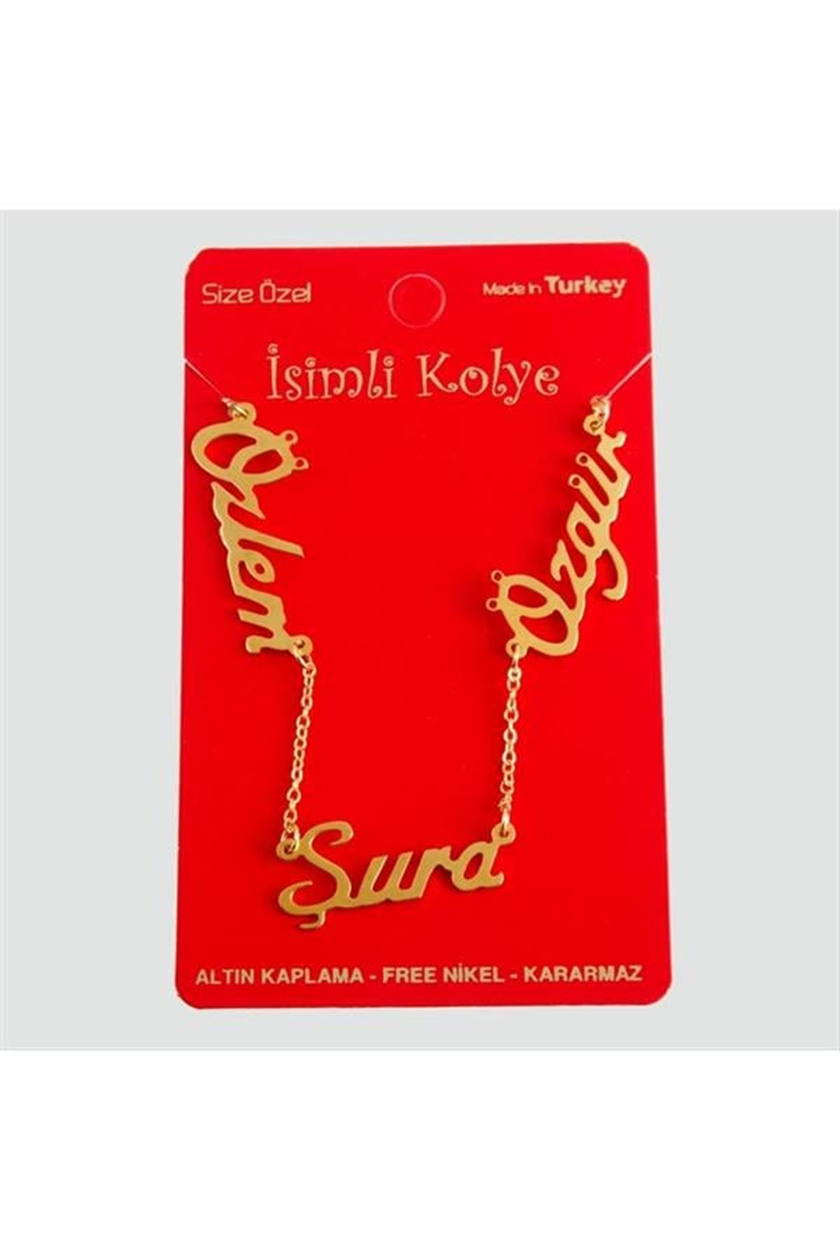 Kişiye Özel Üç İsim Yazılı Kolye - Sarı