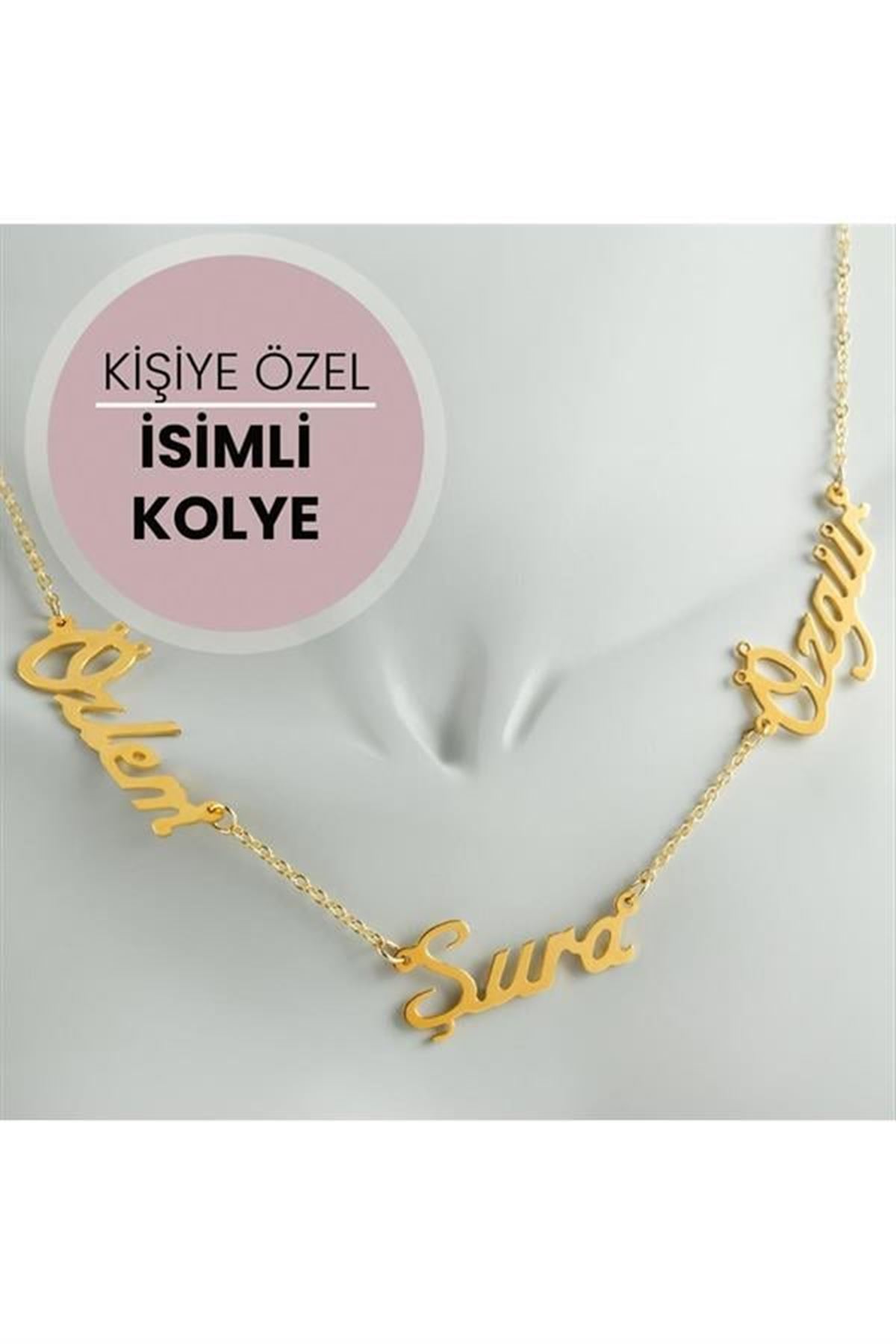 Kişiye Özel Üç İsim Yazılı Kolye - Sarı
