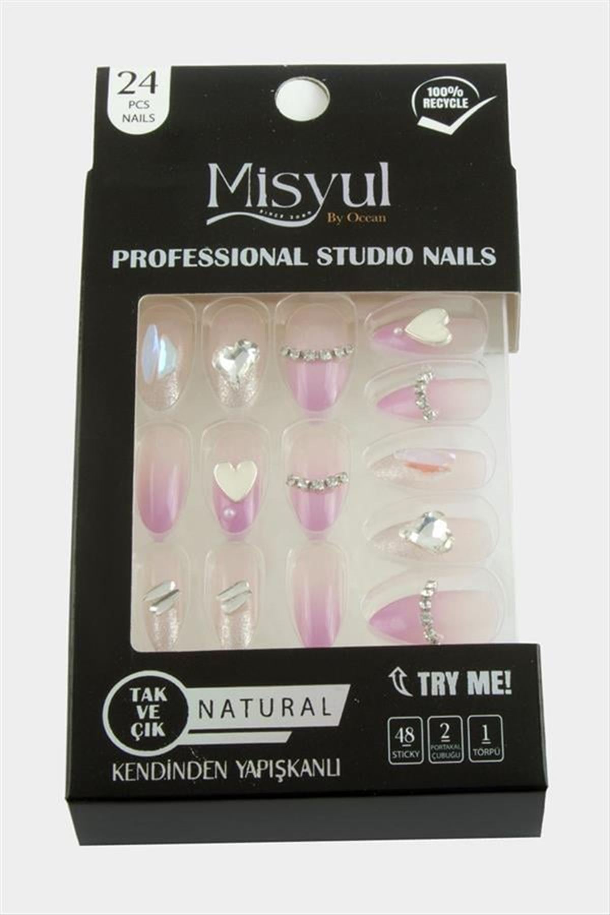 Misyul Taşlı Takma Tırnak 24 Adet - Pembe