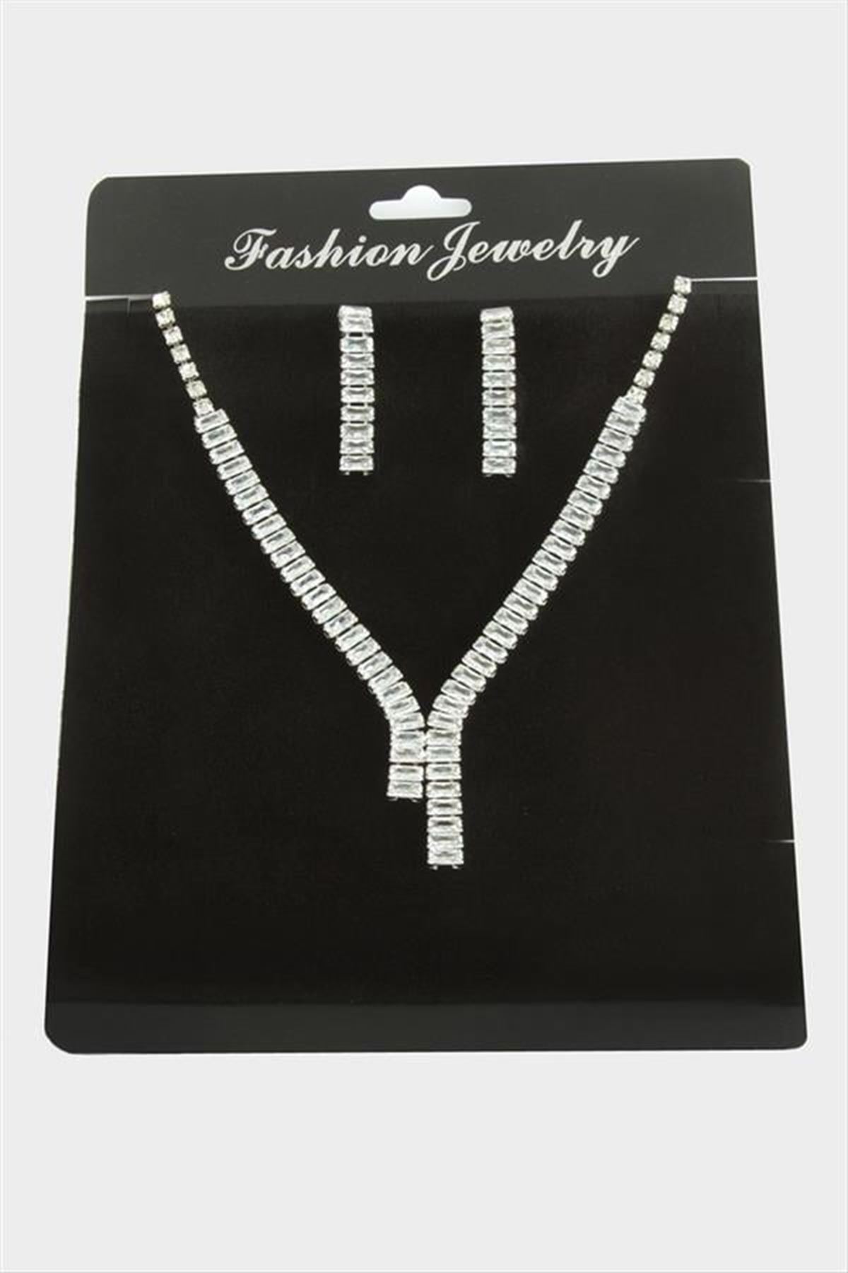 Tamtur Baget Zirkon Taşlı Lüks Set Kolye 7 mm - Gümüş Rengi