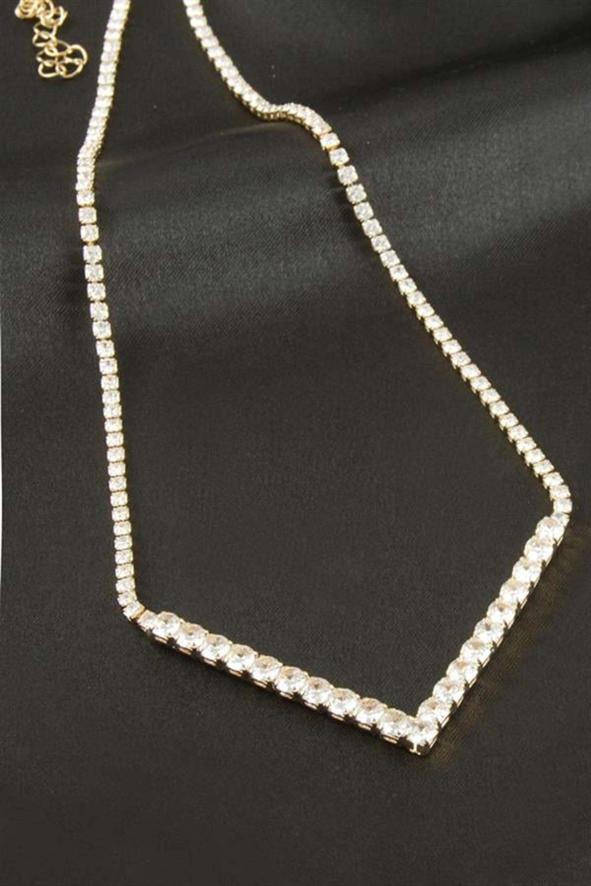 Üçgen Tamtur Zirkon Taşlı Lüks Kolye 4 mm - Sarı