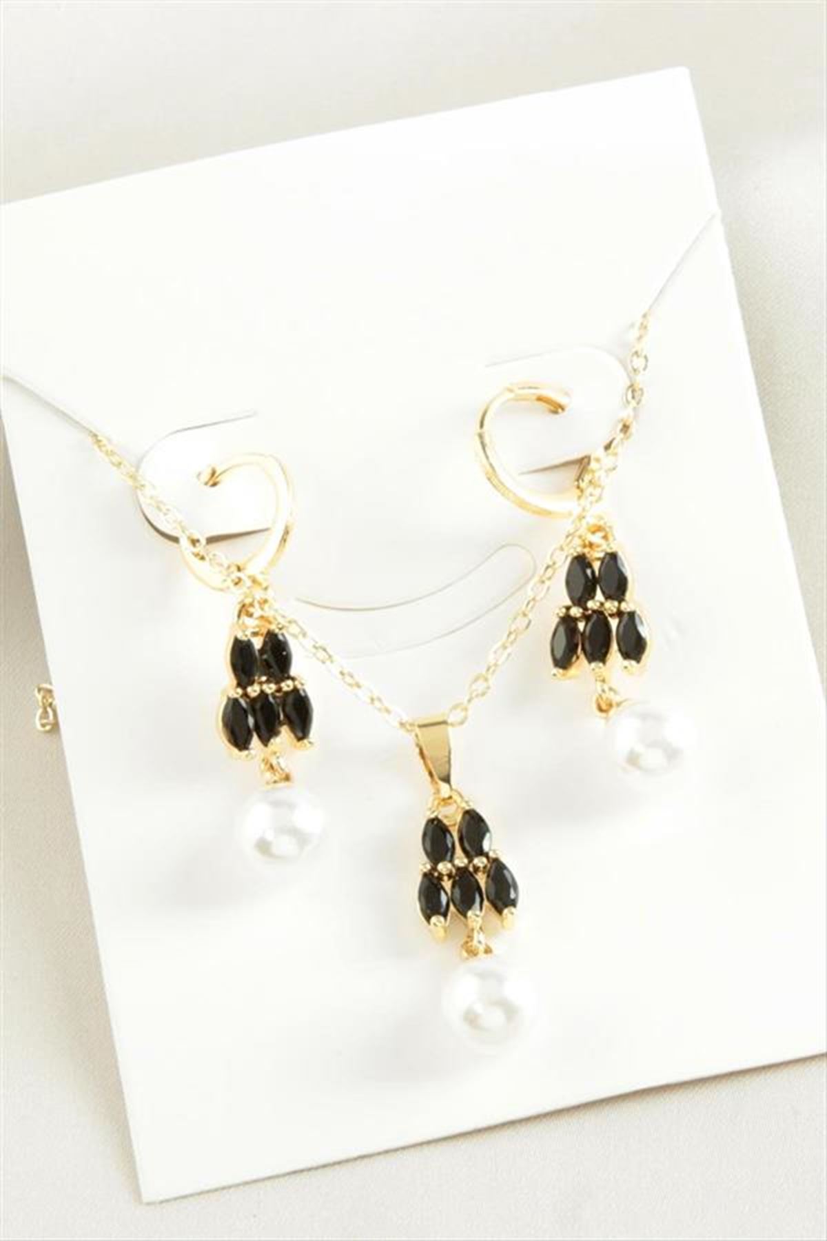 İnci Zirkon Taşlı Set Kolye - Sarı