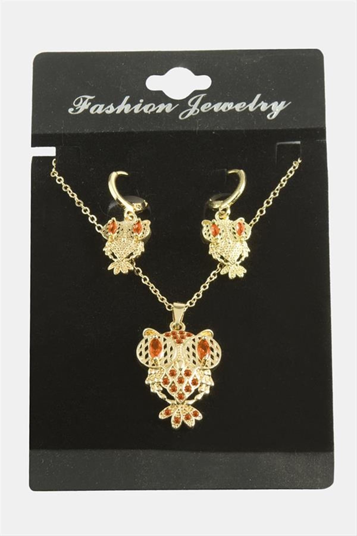 Baykuş Zirkon Taşlı Set Kolye - Kırmızı