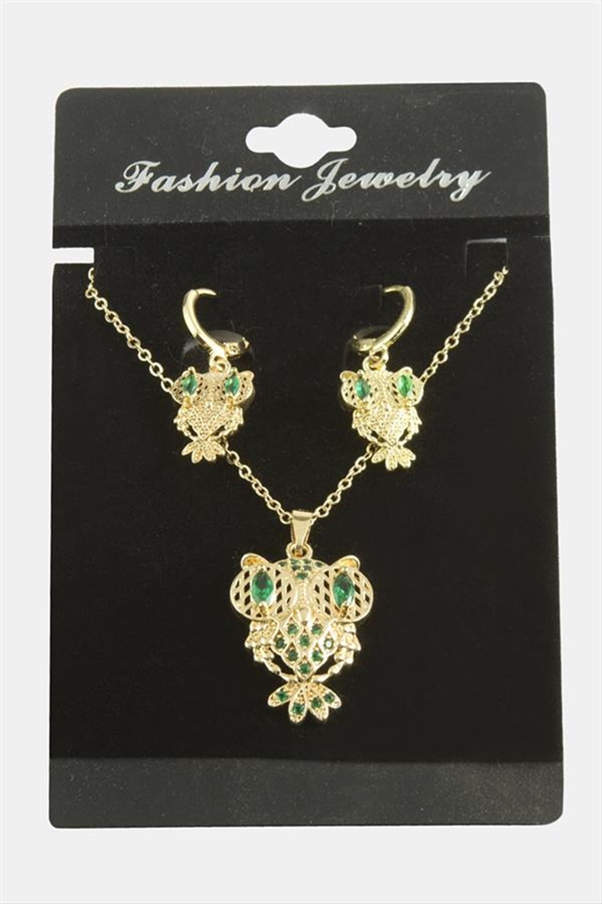 Baykuş Zirkon Taşlı Set Kolye - Yeşil