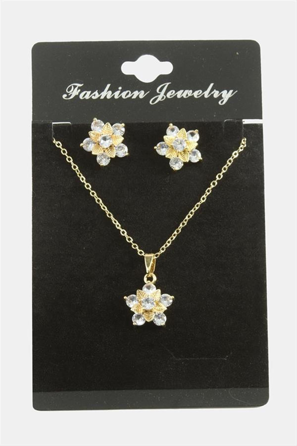 Çiçek Zirkon Taşlı Set Kolye - Gümüş Rengi