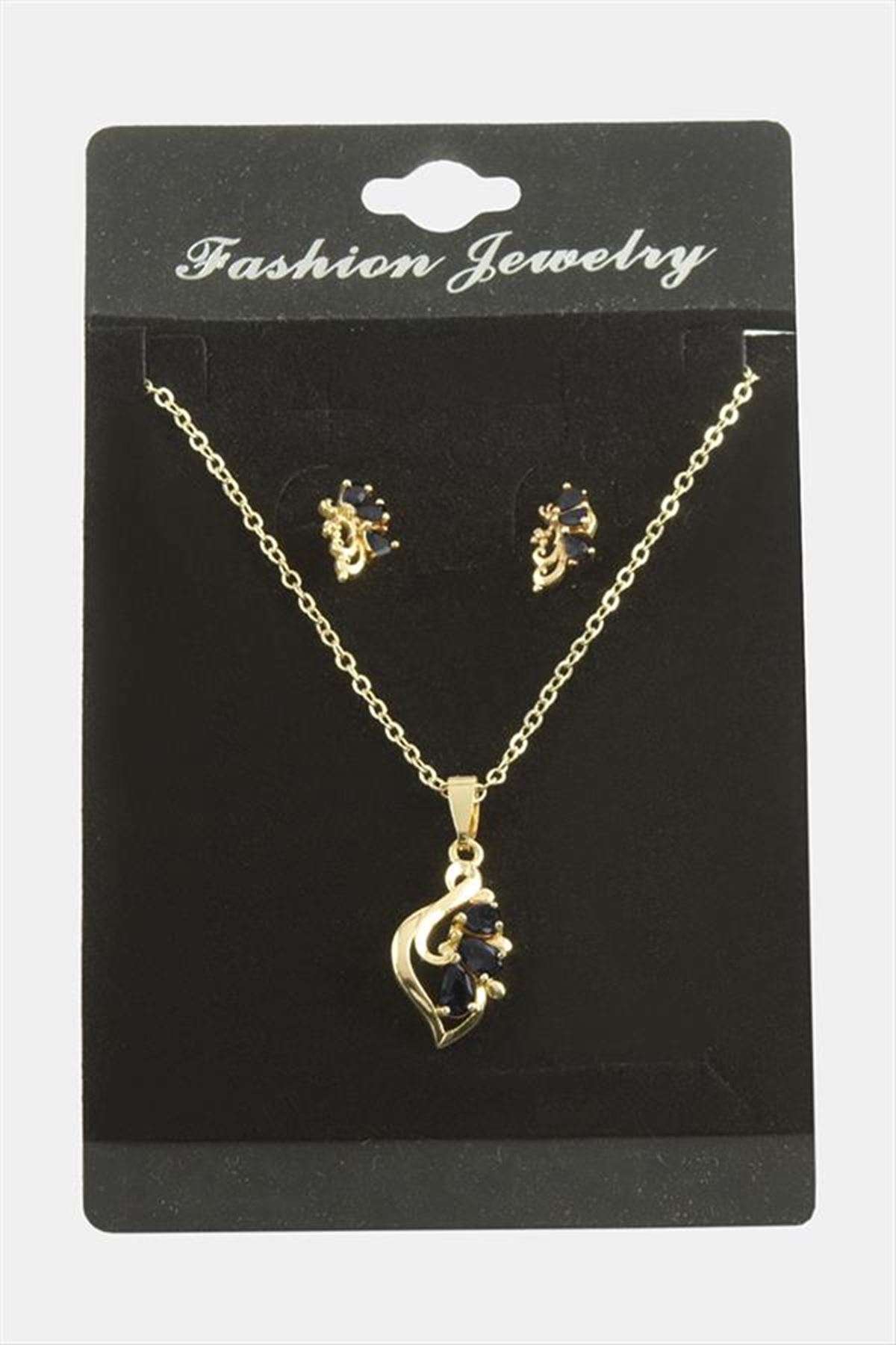 Çiçek Zirkon Taşlı Set Kolye - Siyah