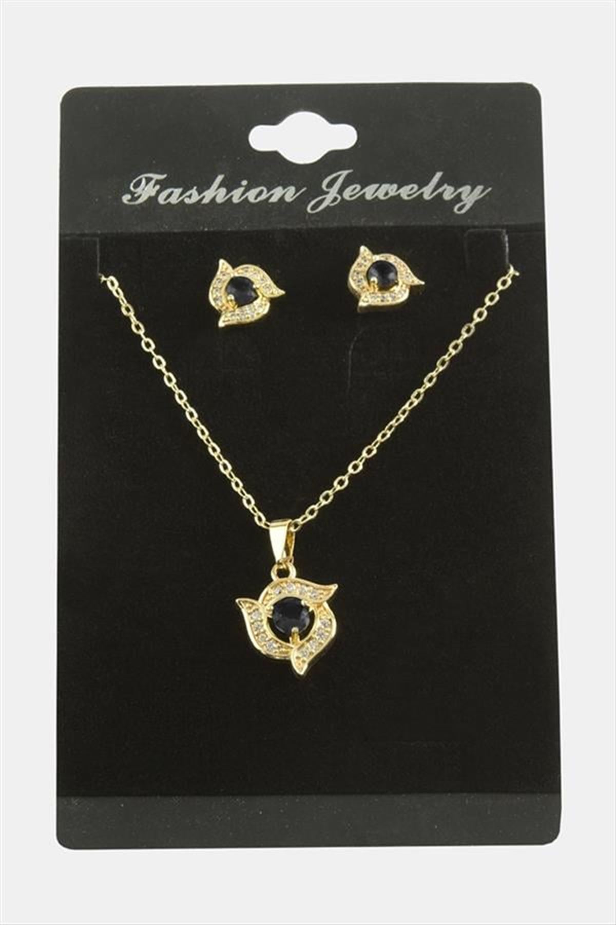 Çiçek Zirkon Taşlı Set Kolye - Kırmızı