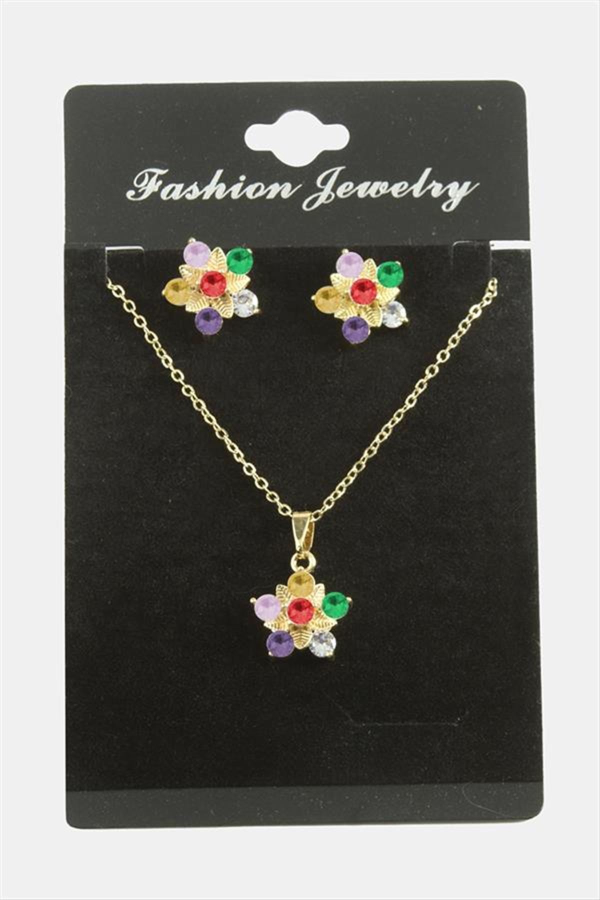 Çiçek Zirkon Taşlı Set Kolye - Karışık Renk 1