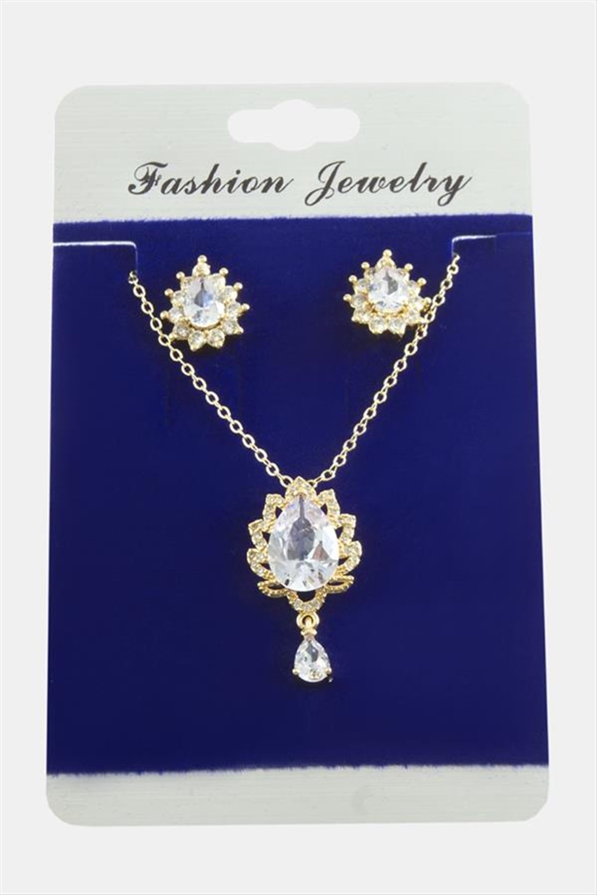 Oval Zirkon Taşlı Set Kolye - Gümüş Rengi