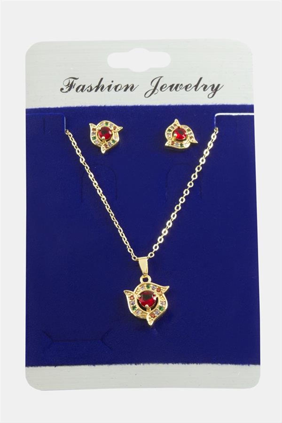 Çiçek Zirkon Taşlı Set Kolye - Karışık Renk 1