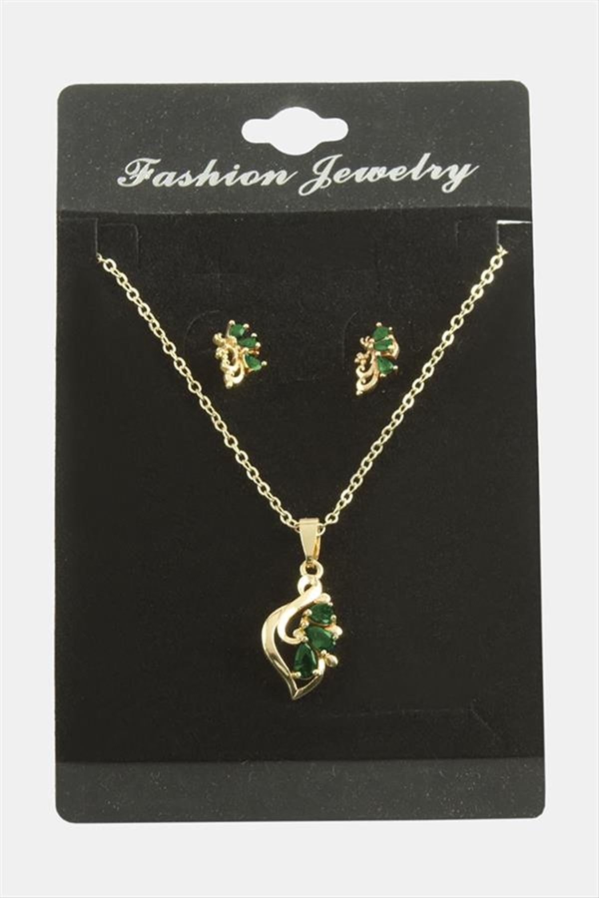 Çiçek Zirkon Taşlı Set Kolye - Yeşil