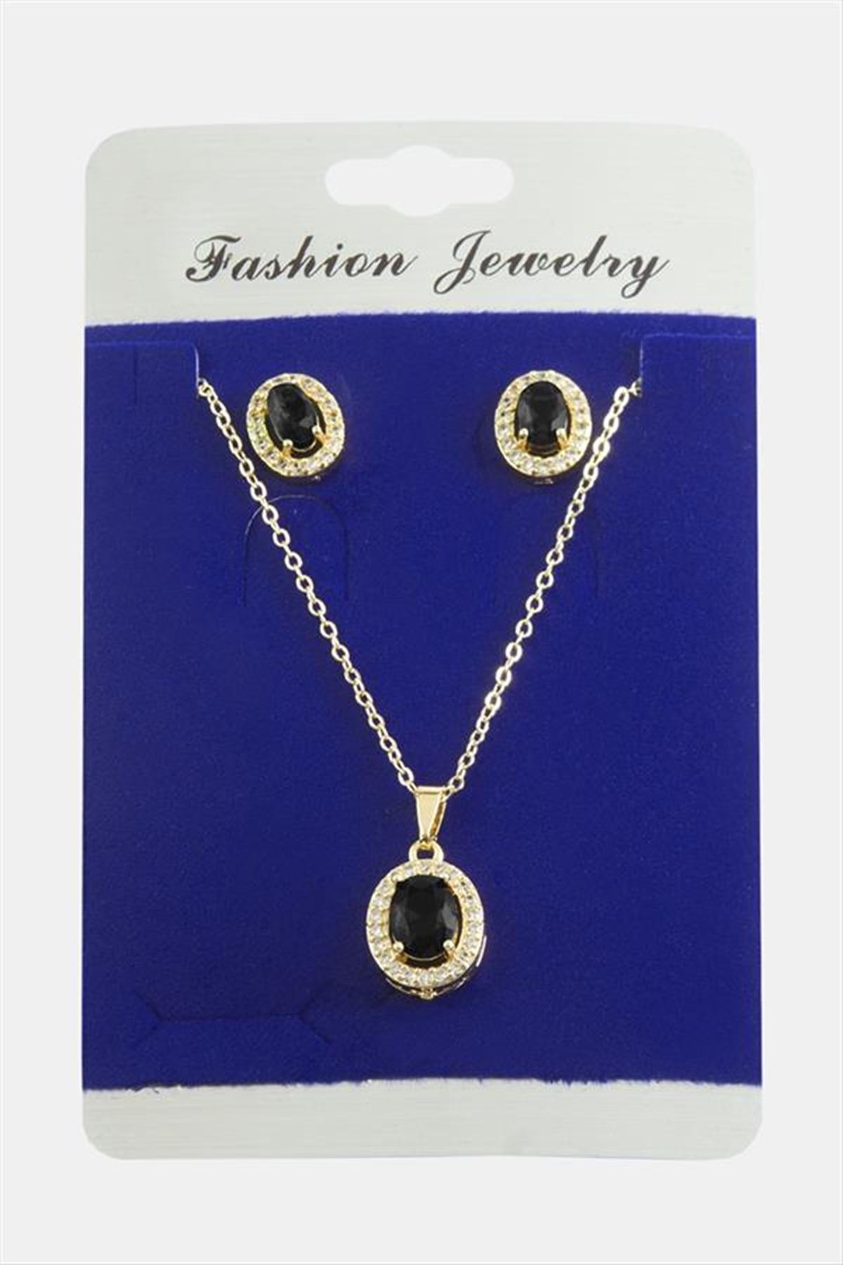 Oval Zirkon Taşlı Set Kolye - Gümüş Rengi