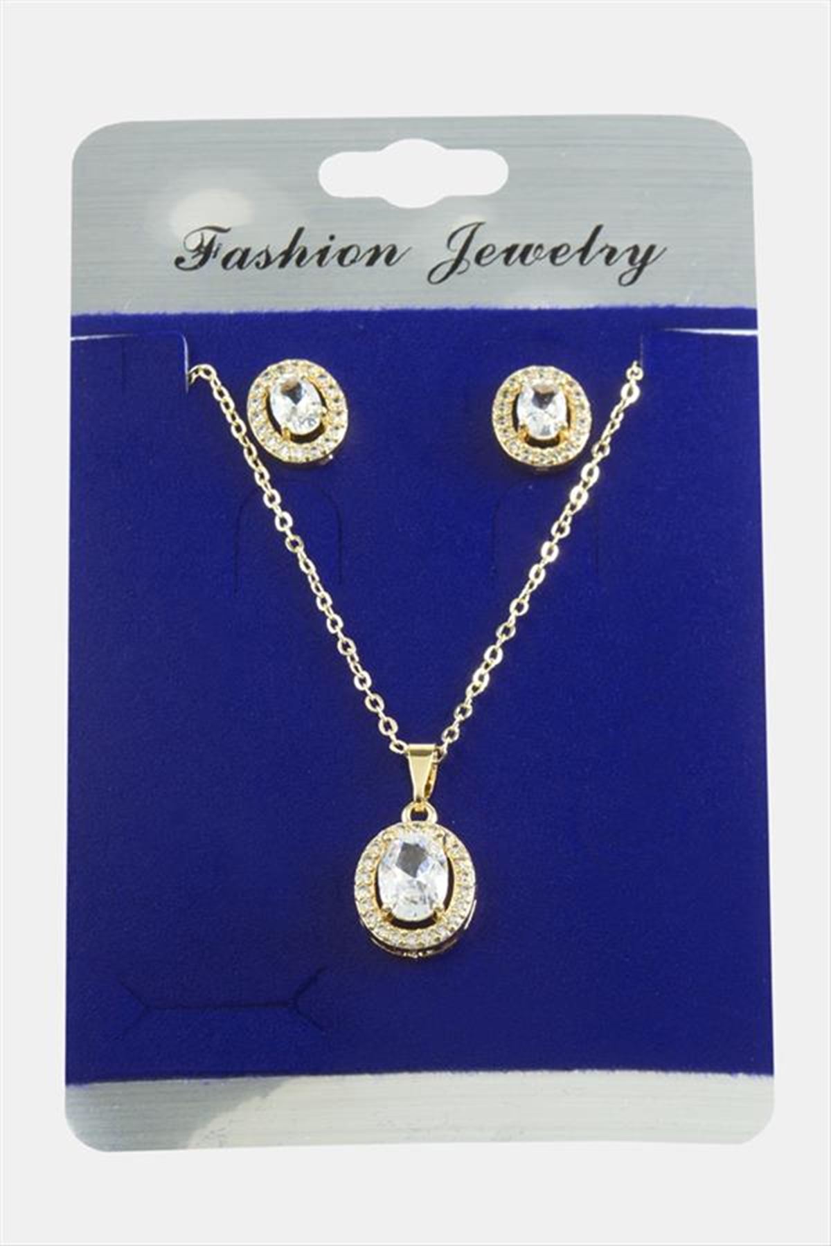 Oval Zirkon Taşlı Set Kolye - Gümüş Rengi
