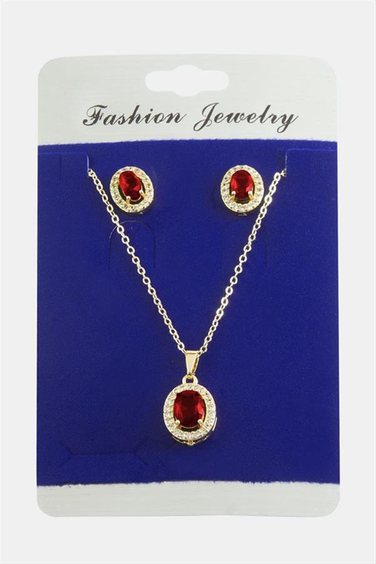 Oval Zirkon Taşlı Set Kolye - Kırmızı