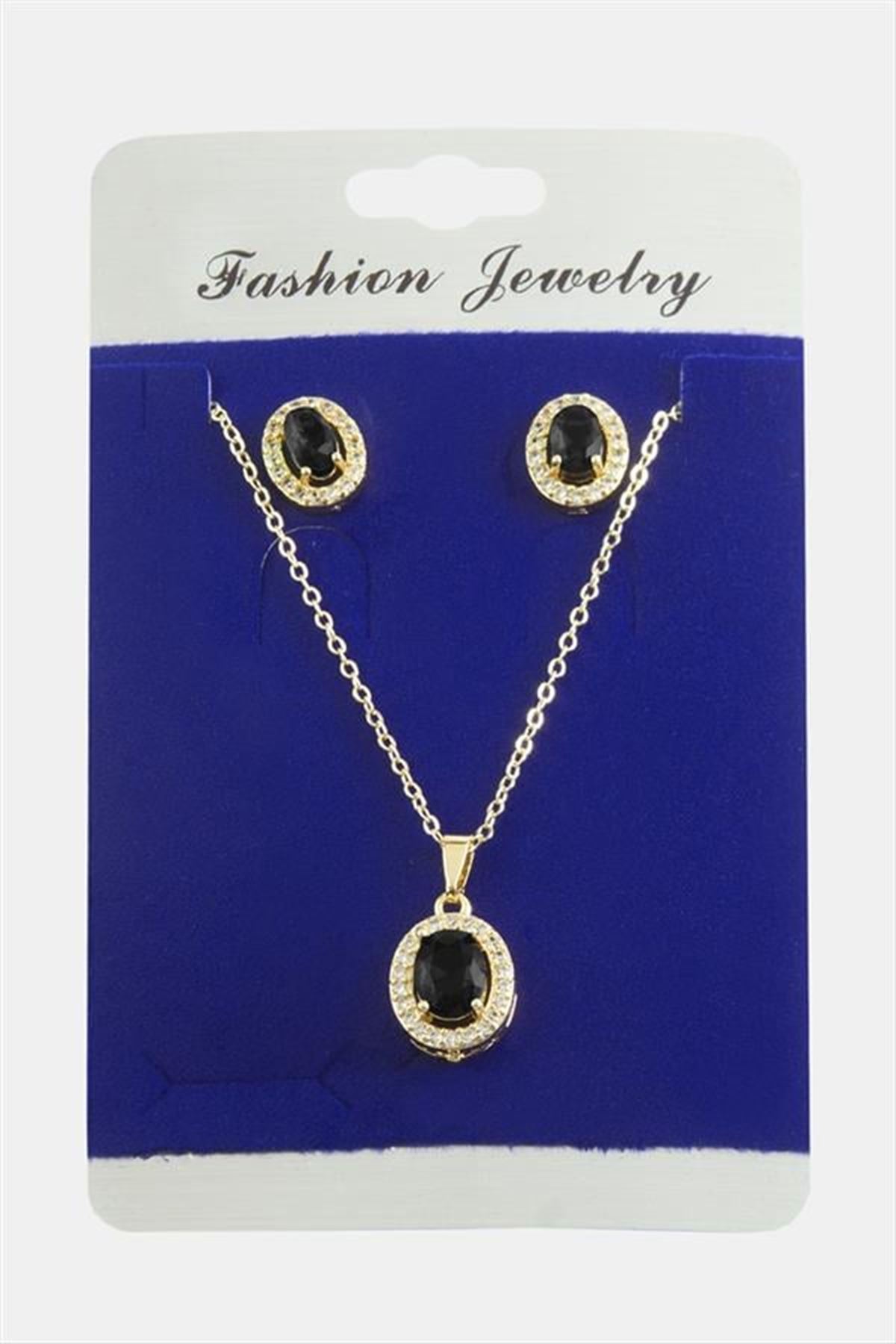Oval Zirkon Taşlı Set Kolye - Yeşil