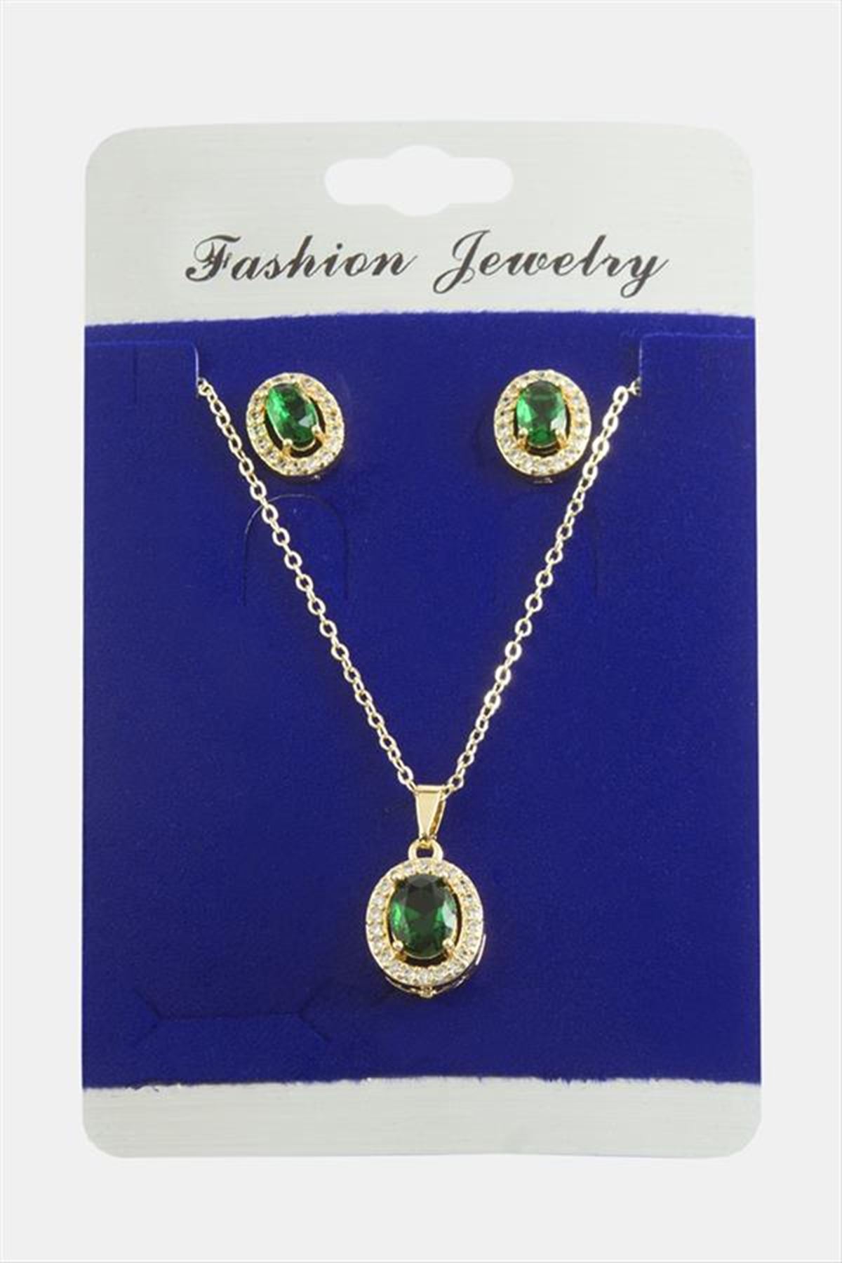 Oval Zirkon Taşlı Set Kolye - Yeşil