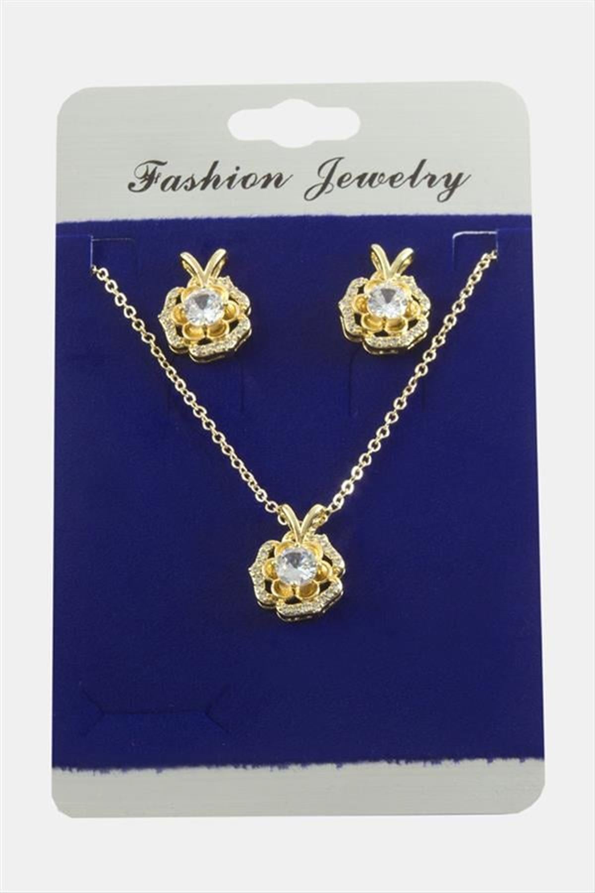 Gül Zirkon Taşlı Set Kolye - Yeşil
