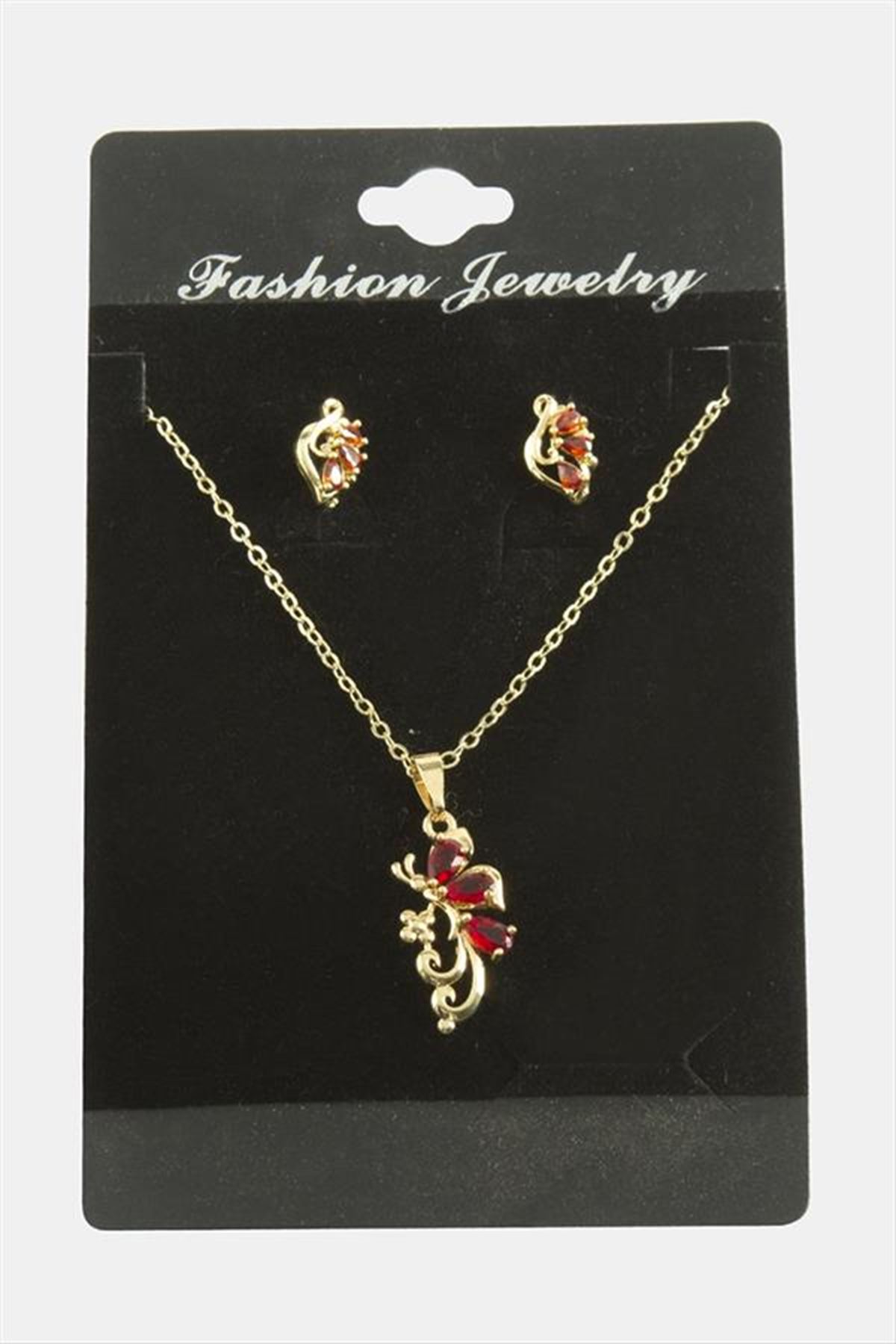 Yusufçuk Zirkon Taşlı Set Kolye - Kırmızı