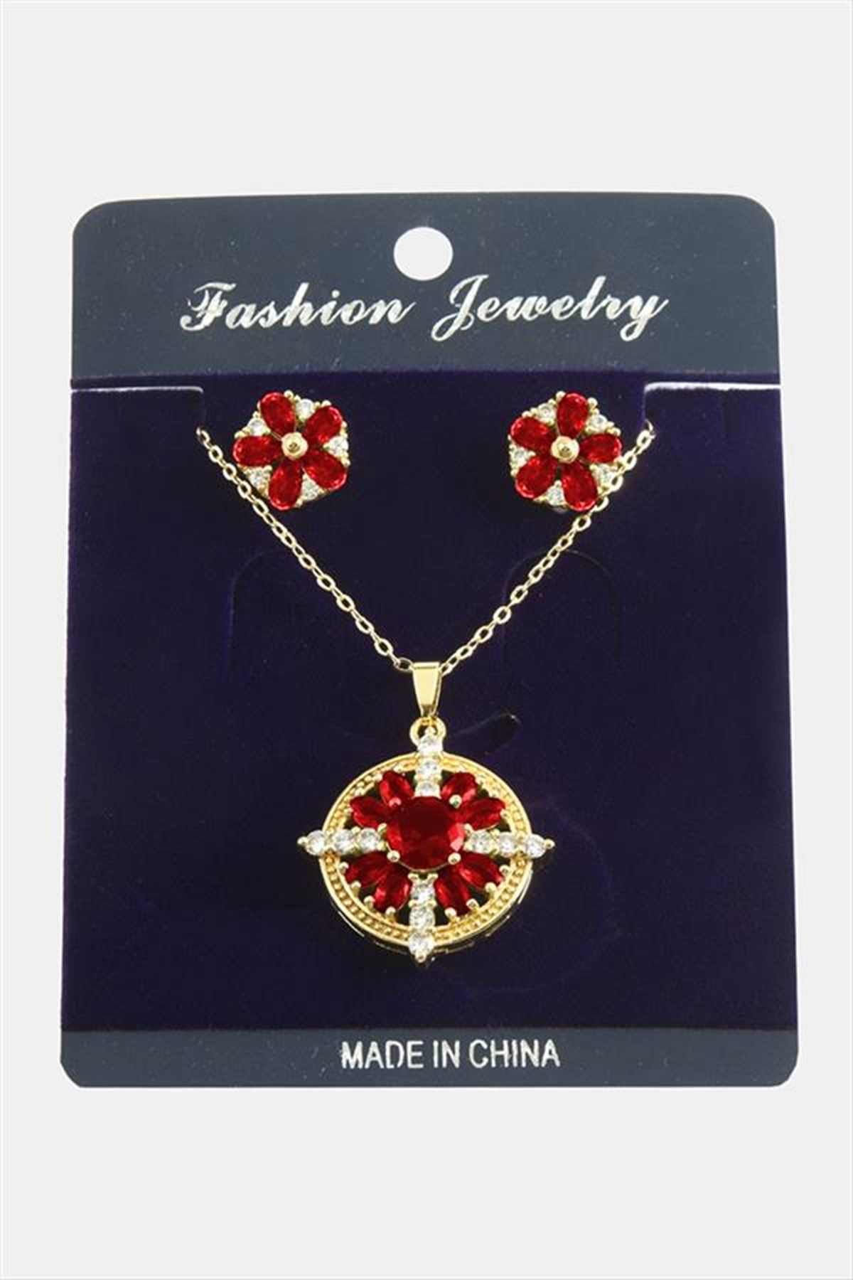 Çiçek Zirkon Taşlı Set Kolye - Kırmızı