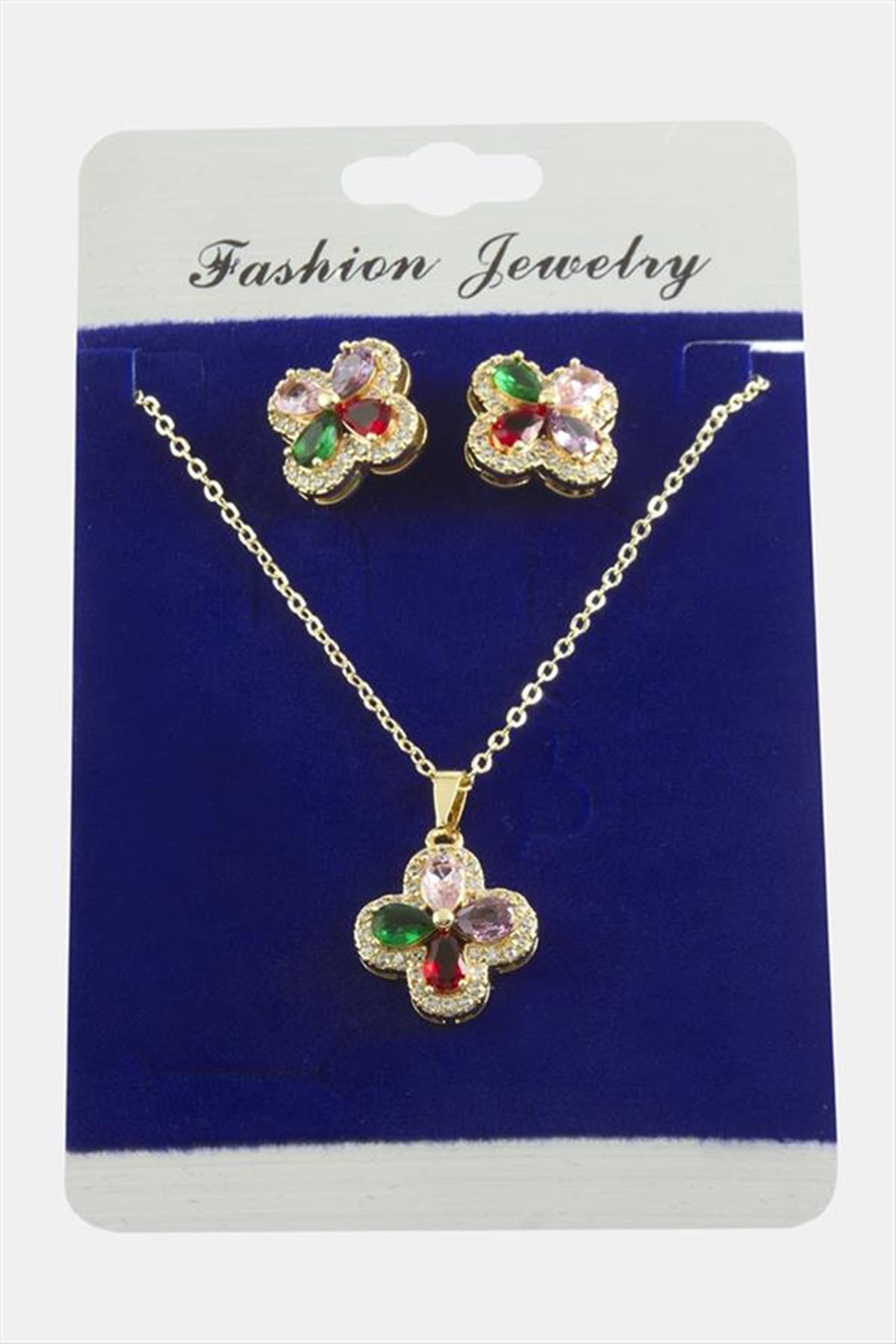 Çiçek Zirkon Taşlı Set Kolye - Karışık Renk 1