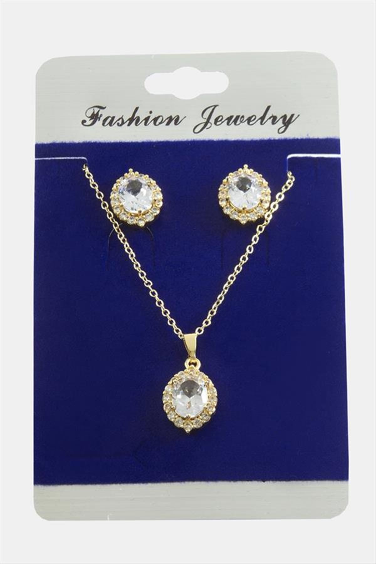 Oval Zirkon Taşlı Set Kolye - Gümüş Rengi