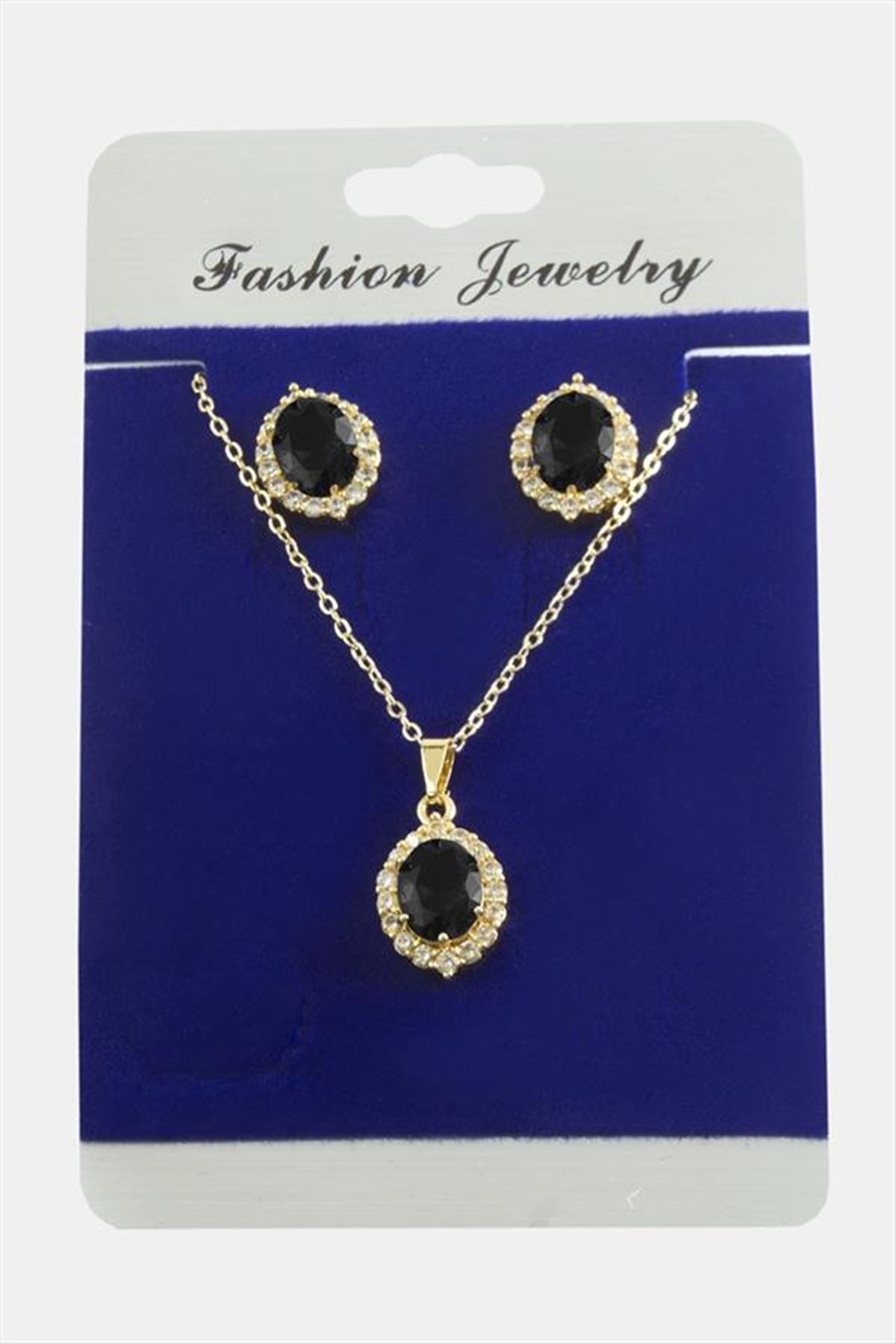 Oval Zirkon Taşlı Set Kolye - Siyah