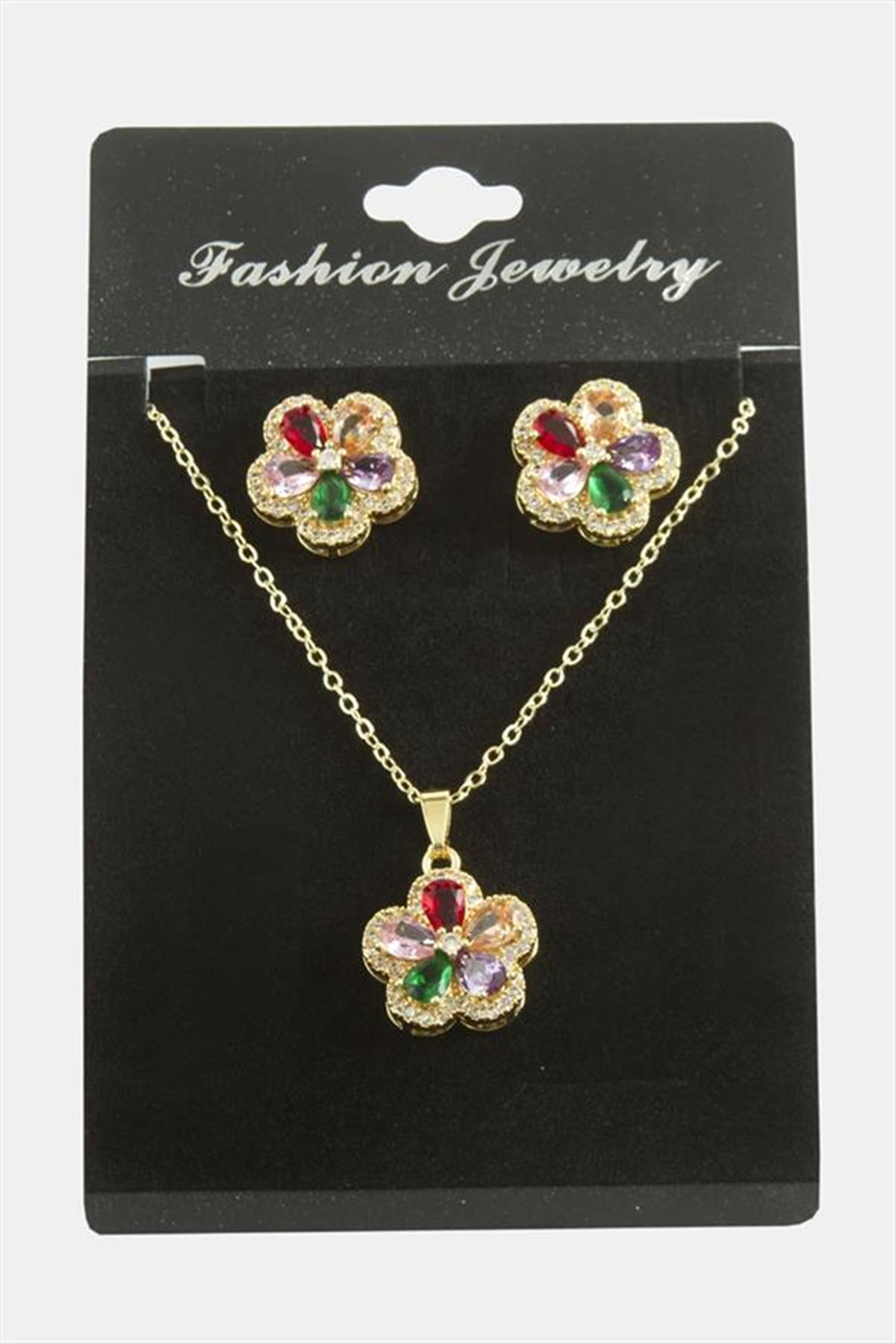 Çiçek Zirkon Taşlı Set Kolye - Karışık Renk 1