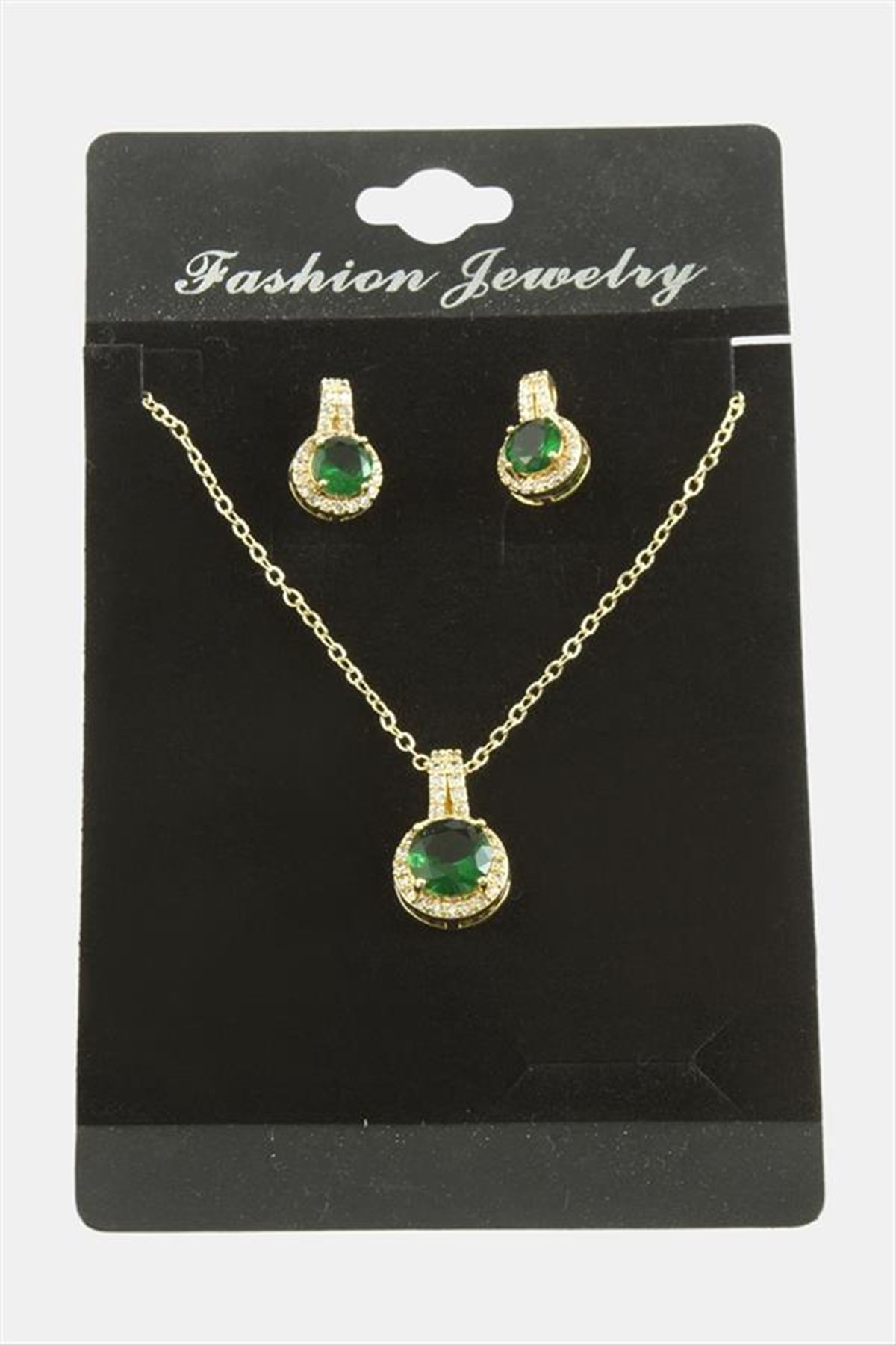 Yuvarlak Zirkon Taşlı Set Kolye - Yeşil