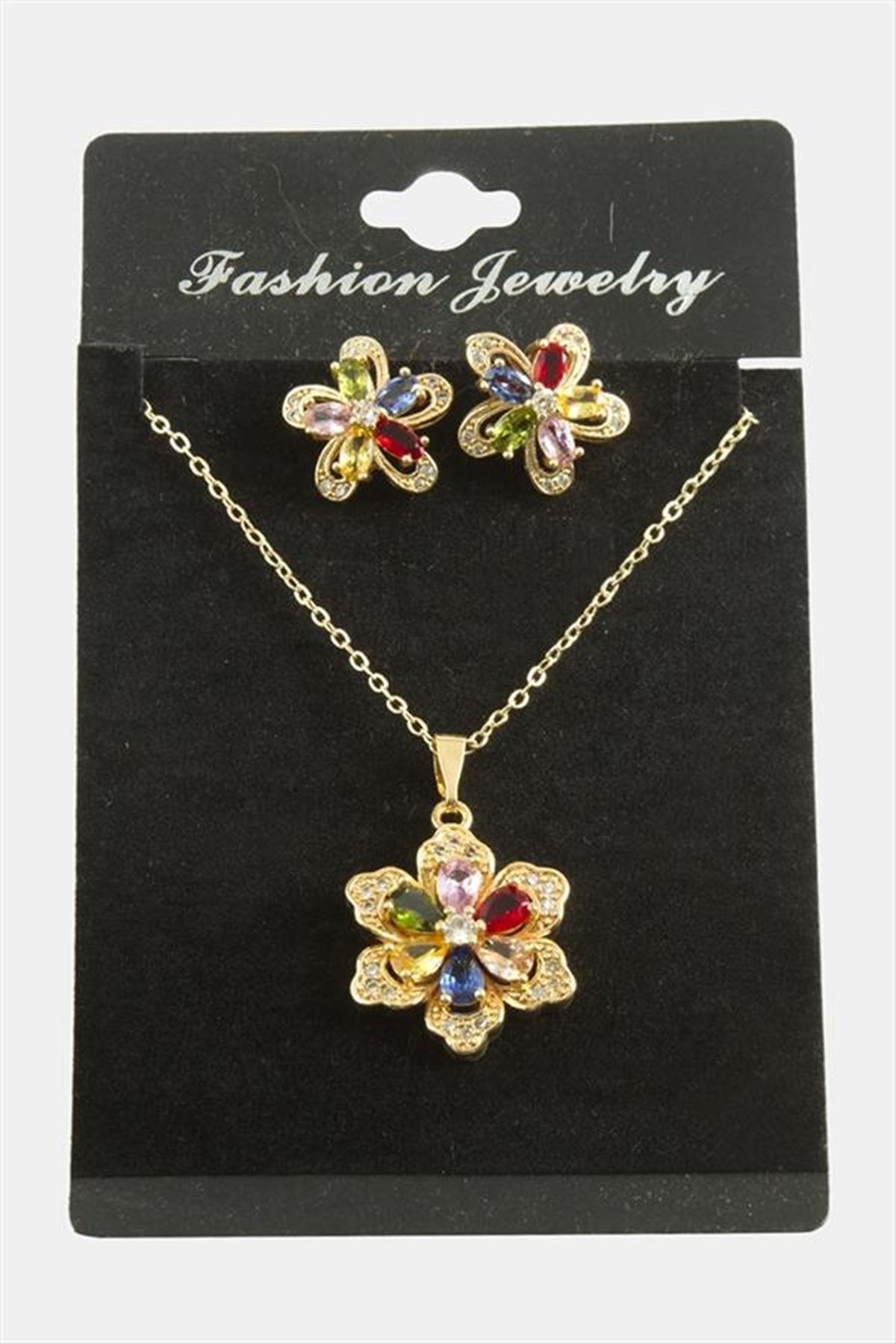 Papatya Zirkon Taşlı Set Kolye - Karışık Renk 1