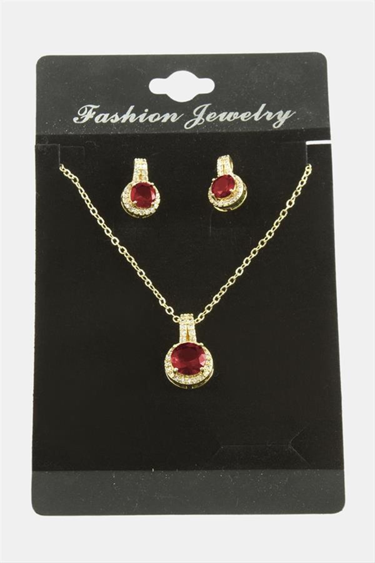 Yuvarlak Zirkon Taşlı Set Kolye - Kırmızı