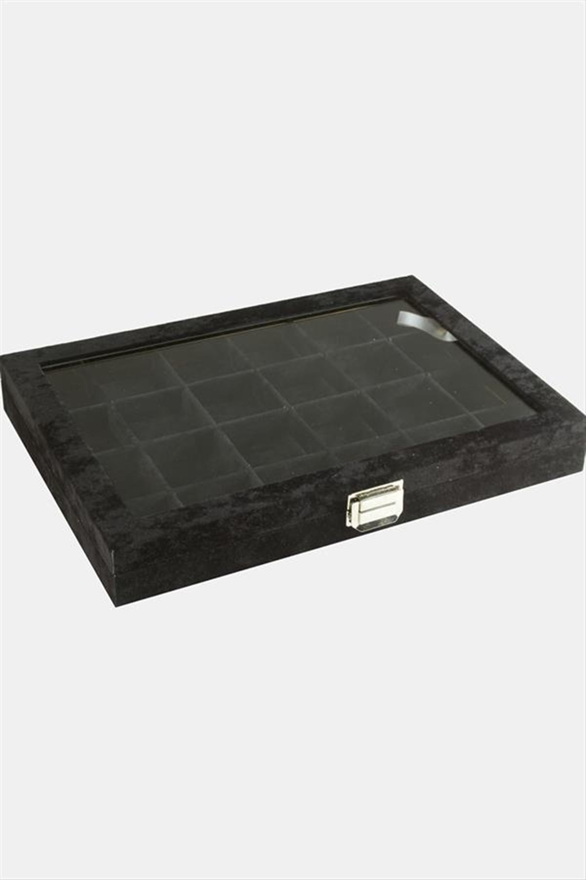 24 Bölmeli Cam Kapaklı Anfora Kumaş Sunum Tablosu 24*34 cm - Siyah