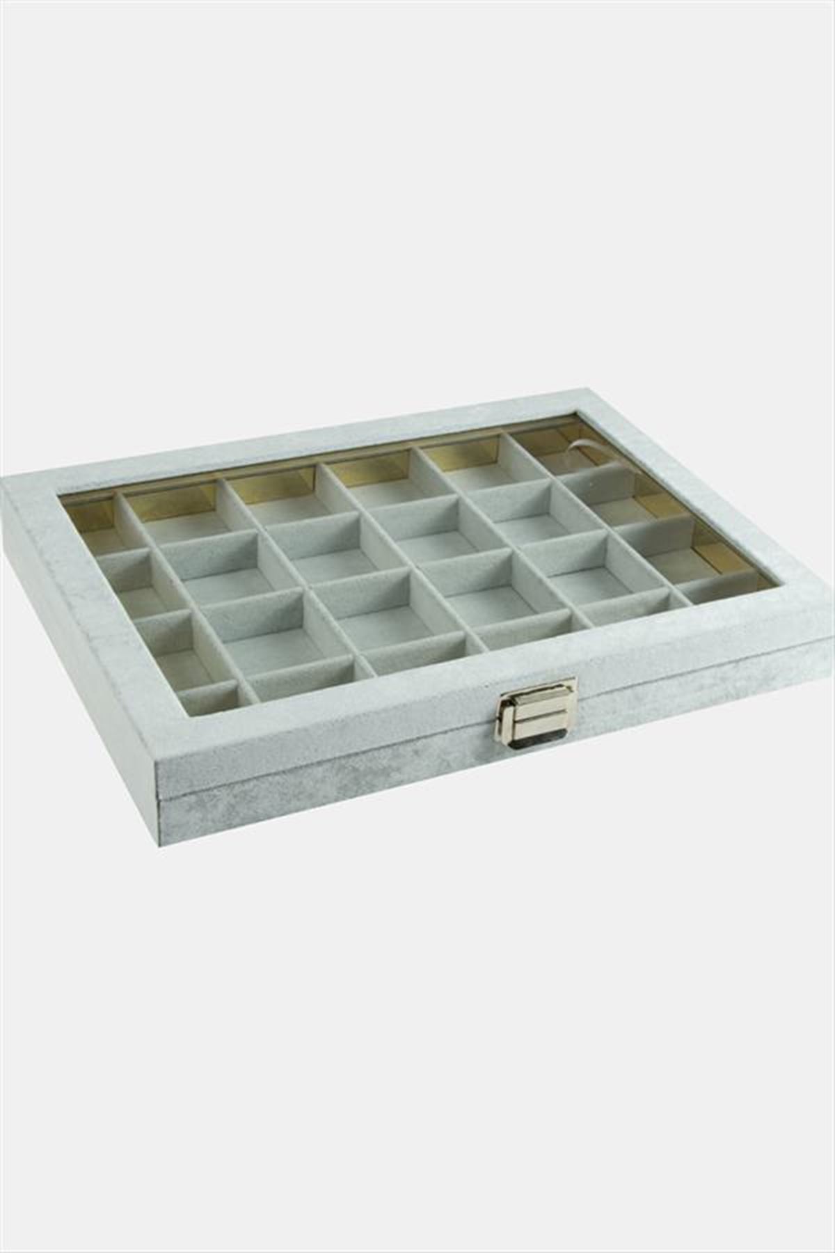 24 Bölmeli Cam Kapaklı Anfora Kumaş Sunum Tablosu 24*34 cm - Gri