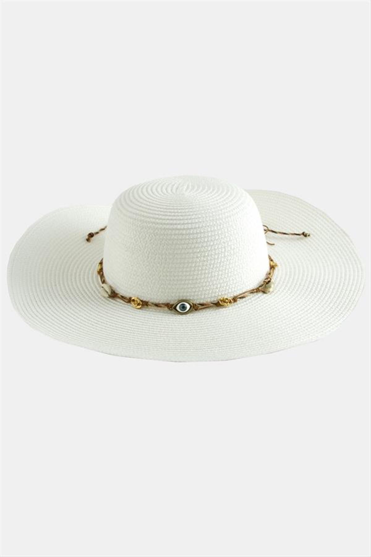 Göz Örme Zincir Hasır Şapka - Beyaz