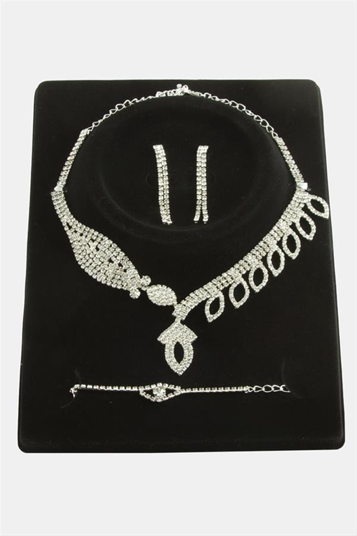 Oval Taşlı Lüks Set Kolye - Gümüş Rengi