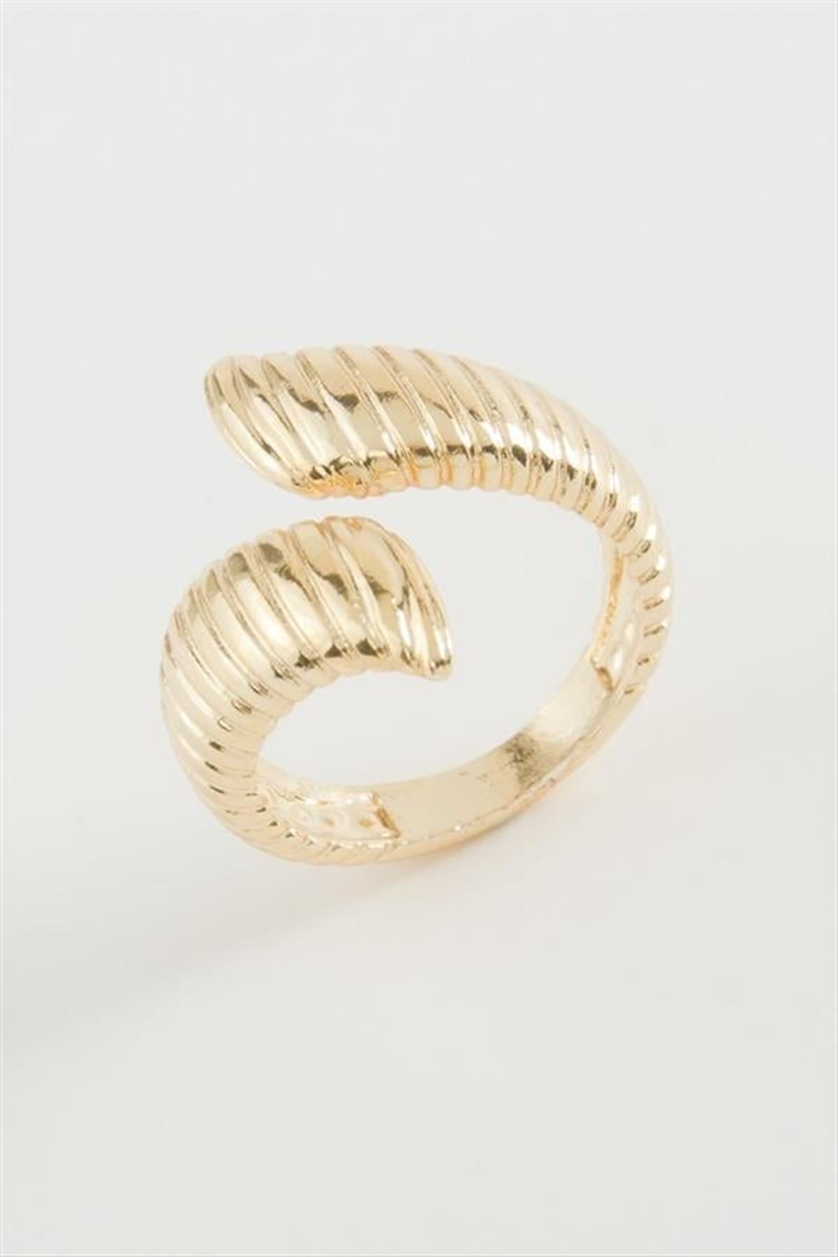 Oval Çizgili Metal Yüzük - Sarı