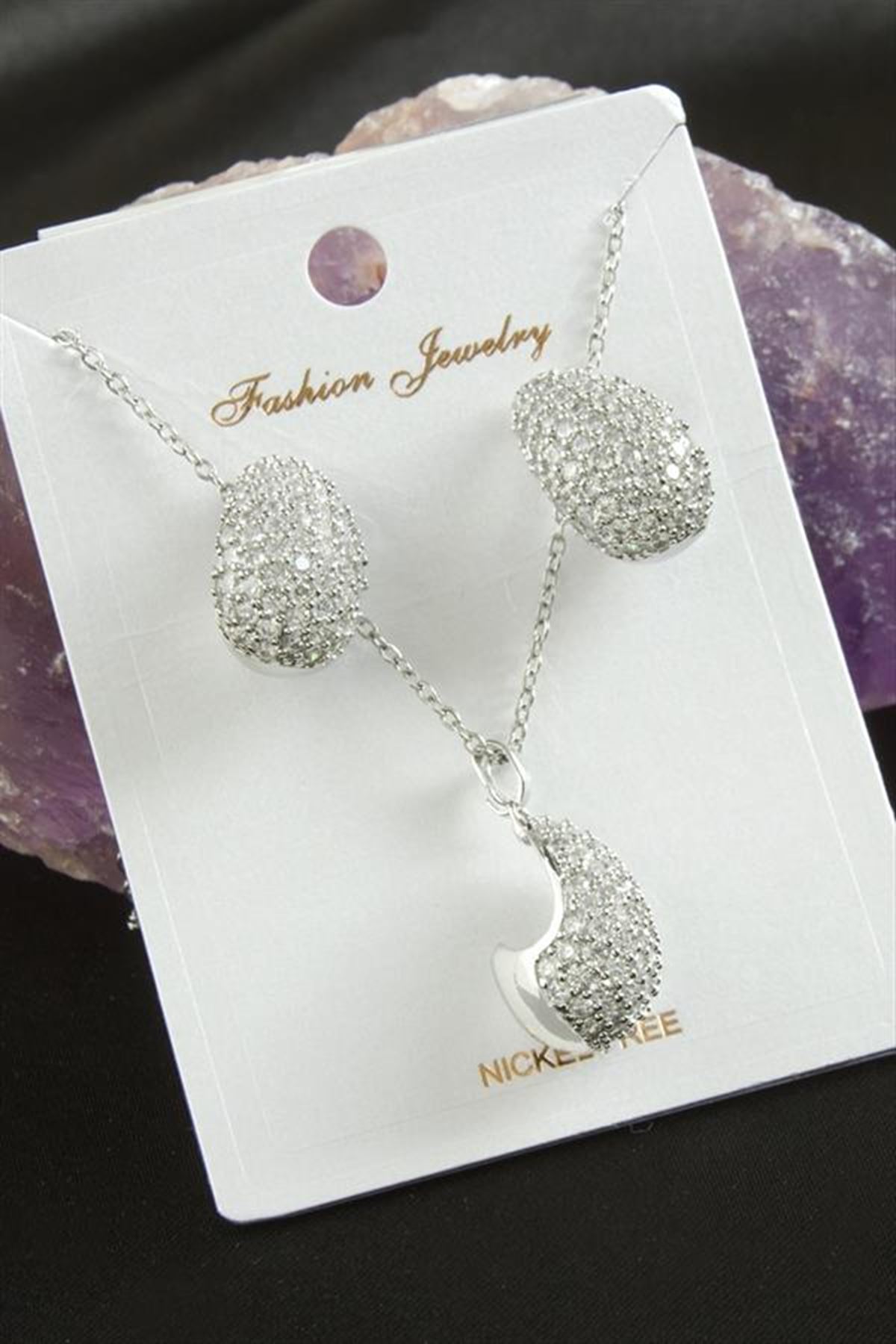 Oval Zirkon Taşlı Lüks Set Kolye - Gümüş Rengi