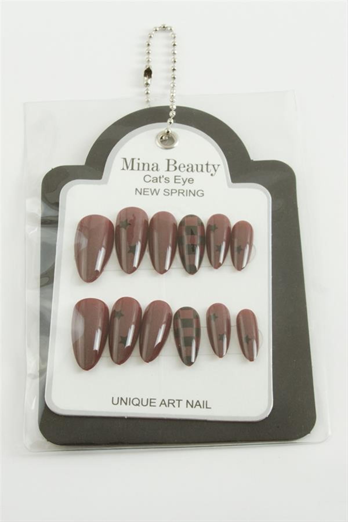 Desenli Mina Beauty Kedi Gözü Takma Tırnak - Bordo