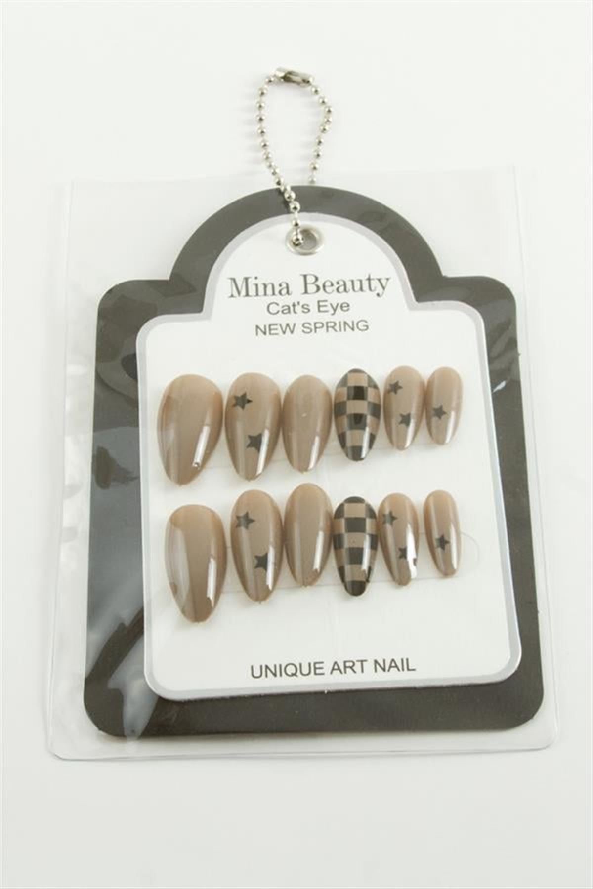 Desenli Mina Beauty Kedi Gözü Takma Tırnak - Krem