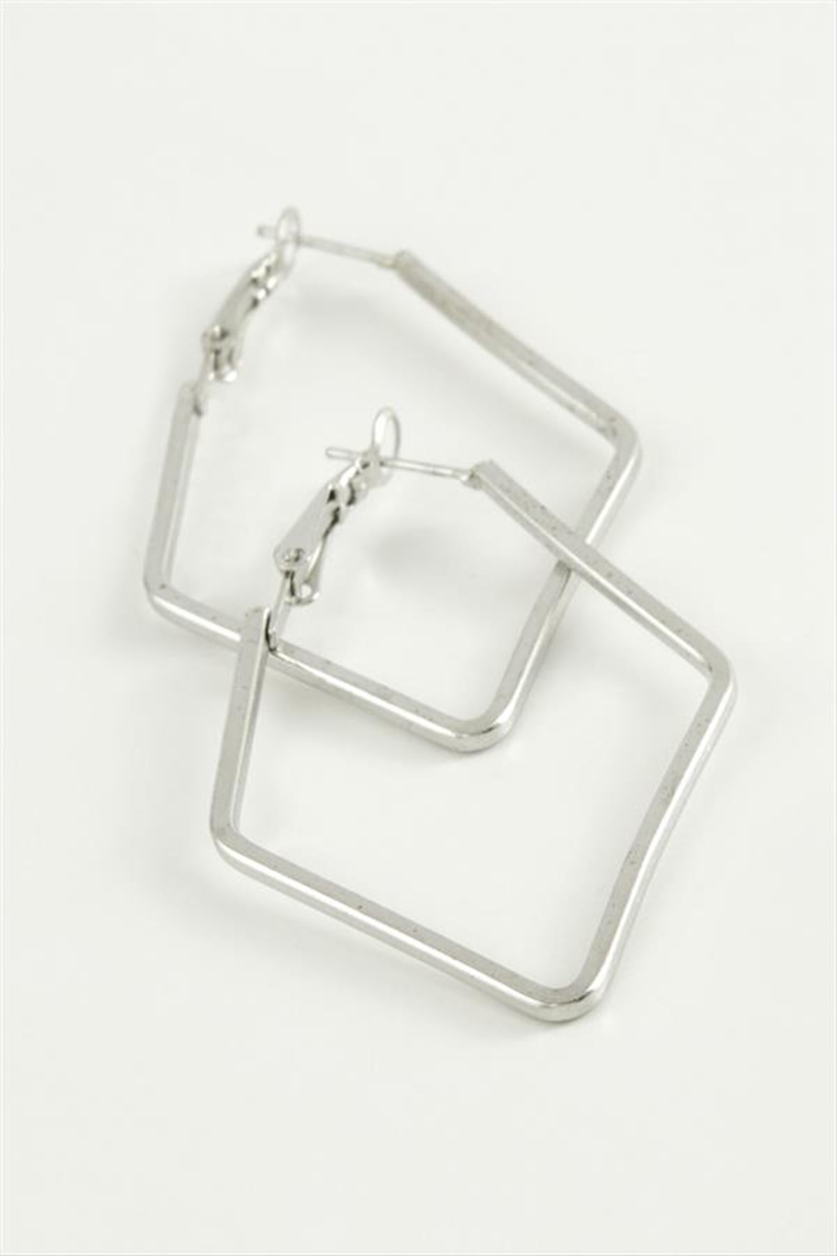 Dörtgen Halka Küpe 7,5 cm - Gümüş Rengi