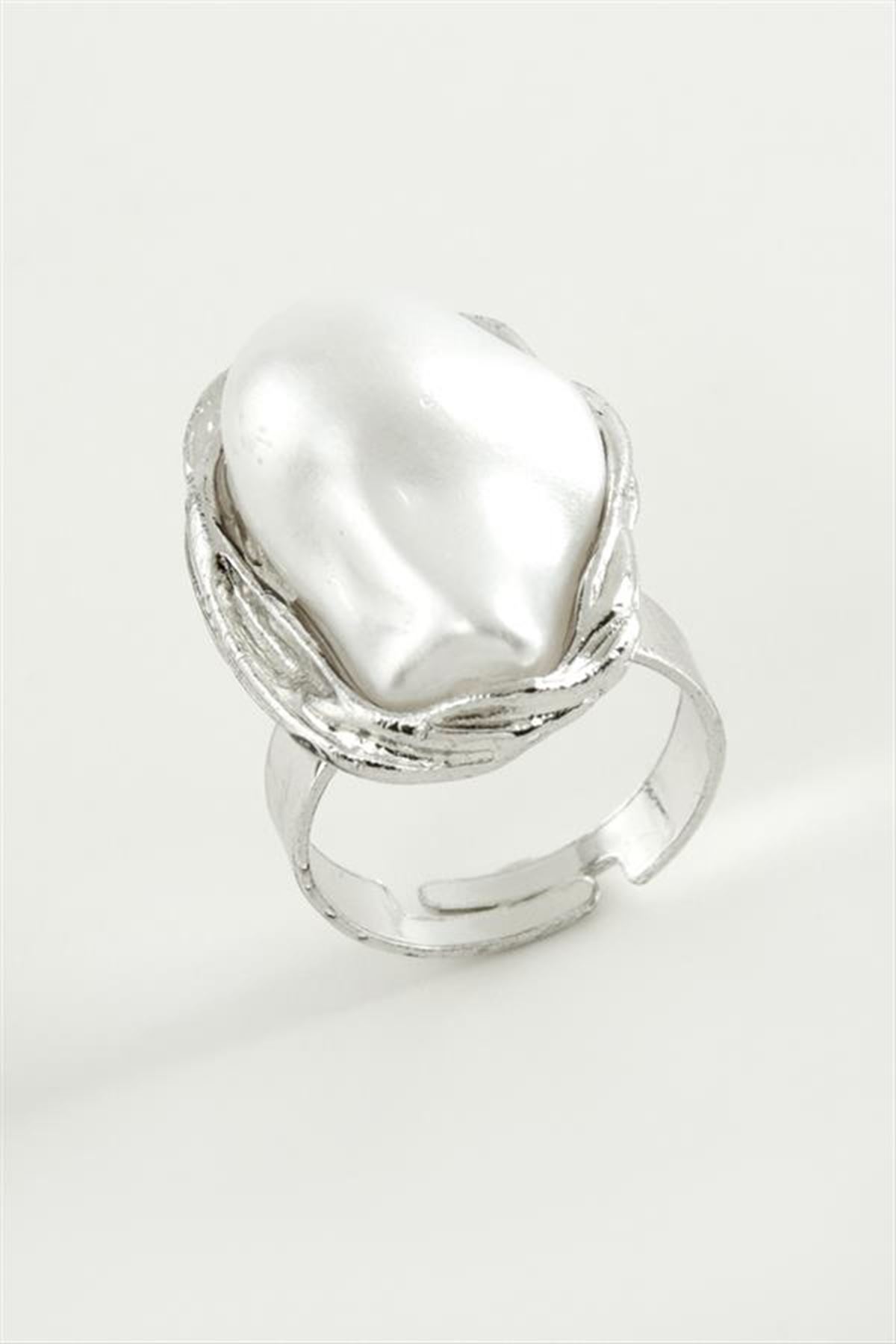 Oval İnci Metal Yüzük - Sarı