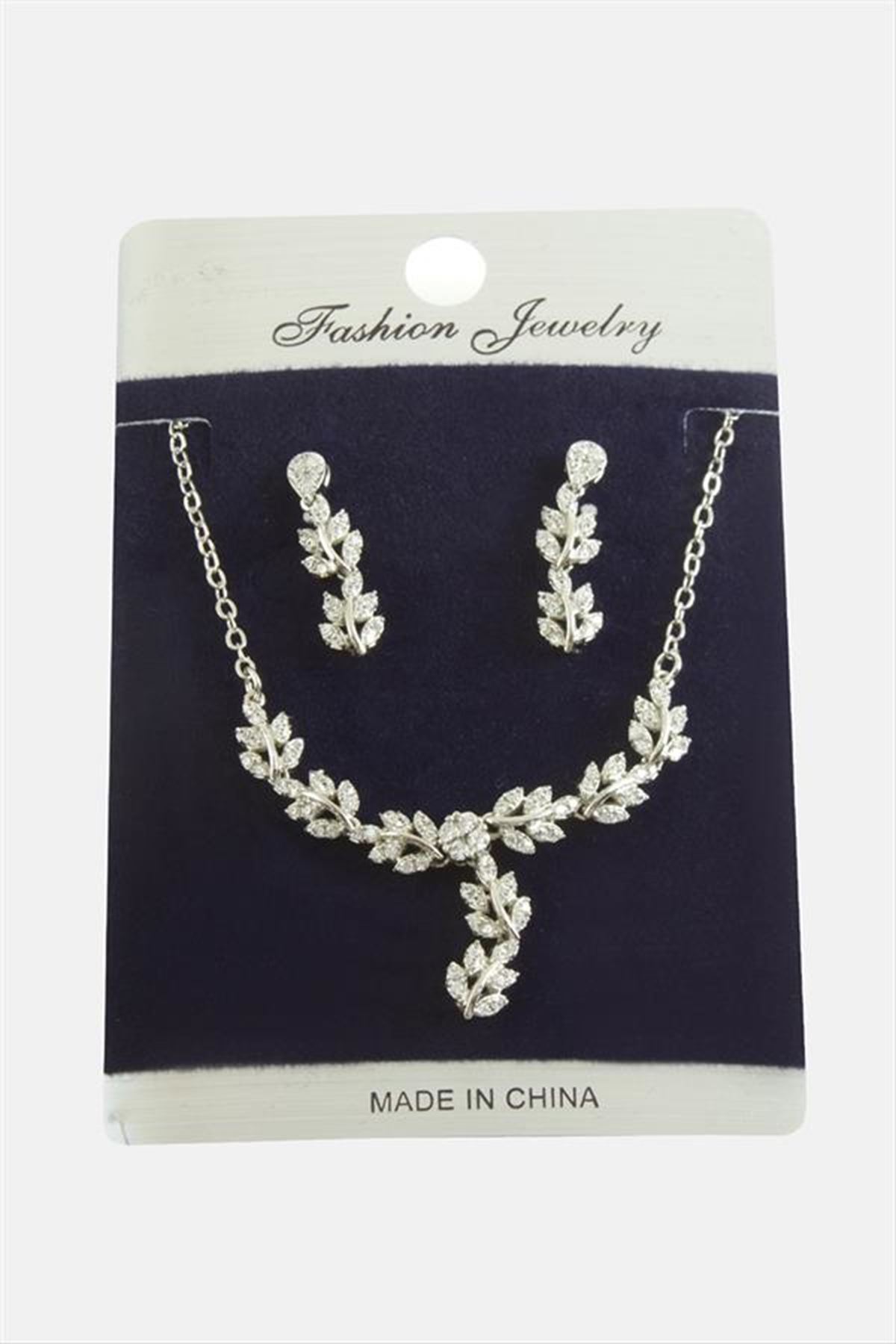 Yaprak Zirkon Taşlı Set Kolye - Gümüş Rengi