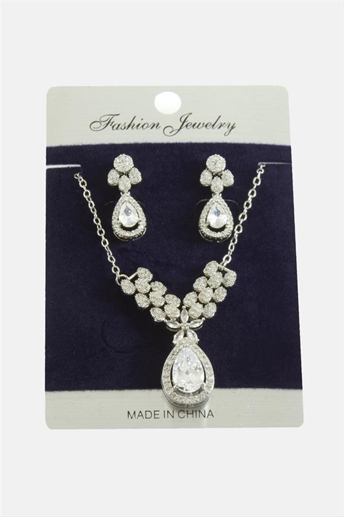 Damla Zirkon Taşlı Set Kolye - Gümüş Rengi