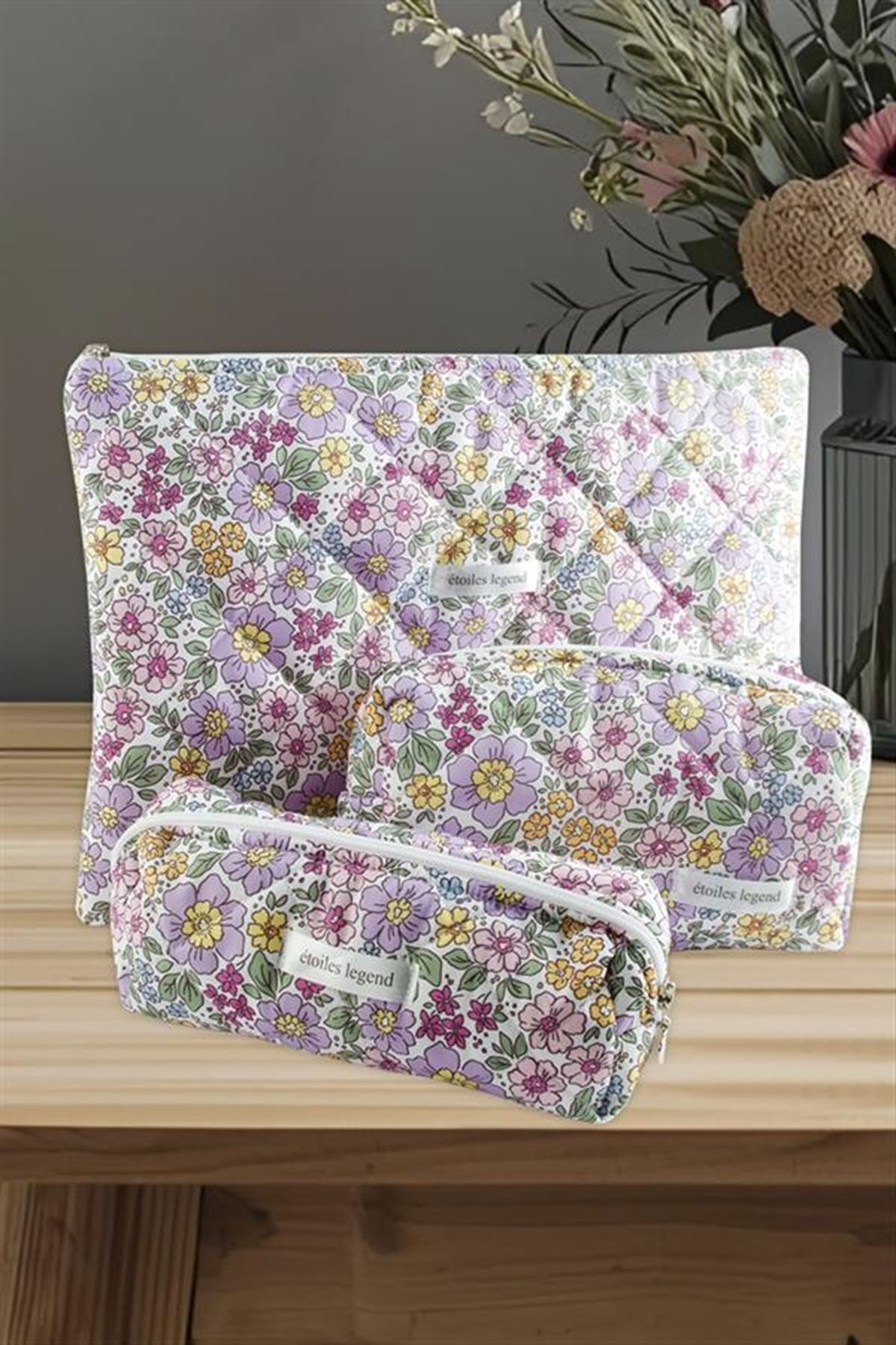 Çiçek Desenli Kalem Makyaj Labtop Bilgisayar Set Çantası - Ebruli