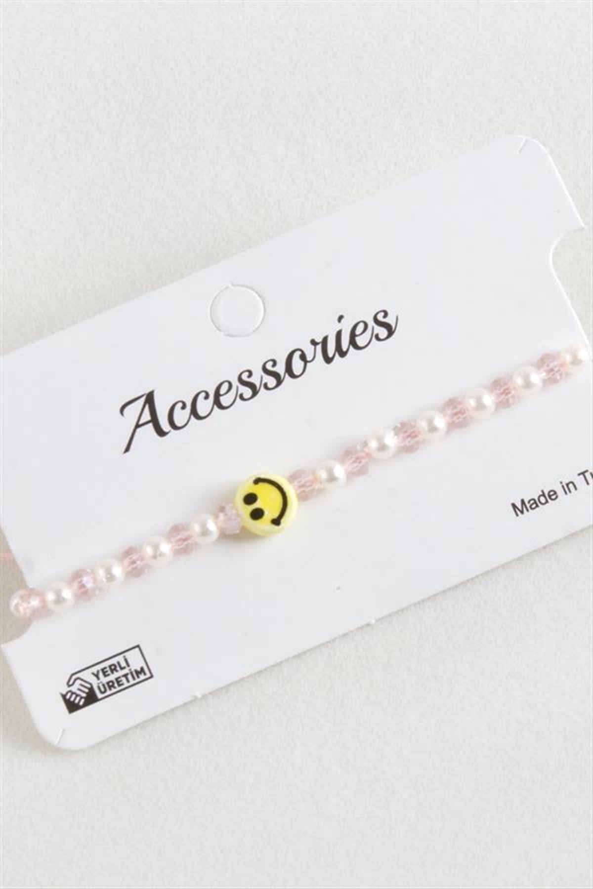 Emoji İnci Kristal Makrome İp Bileklik - Pembe