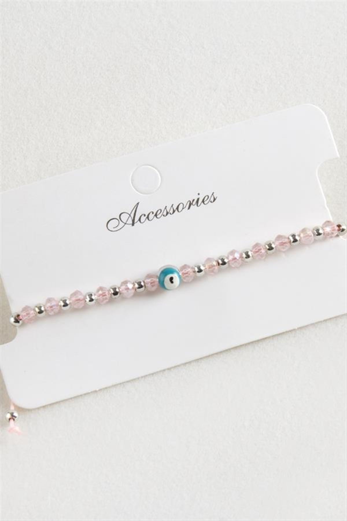 Nazar Kristal Makrome İp Bileklik 6 mm - Pembe